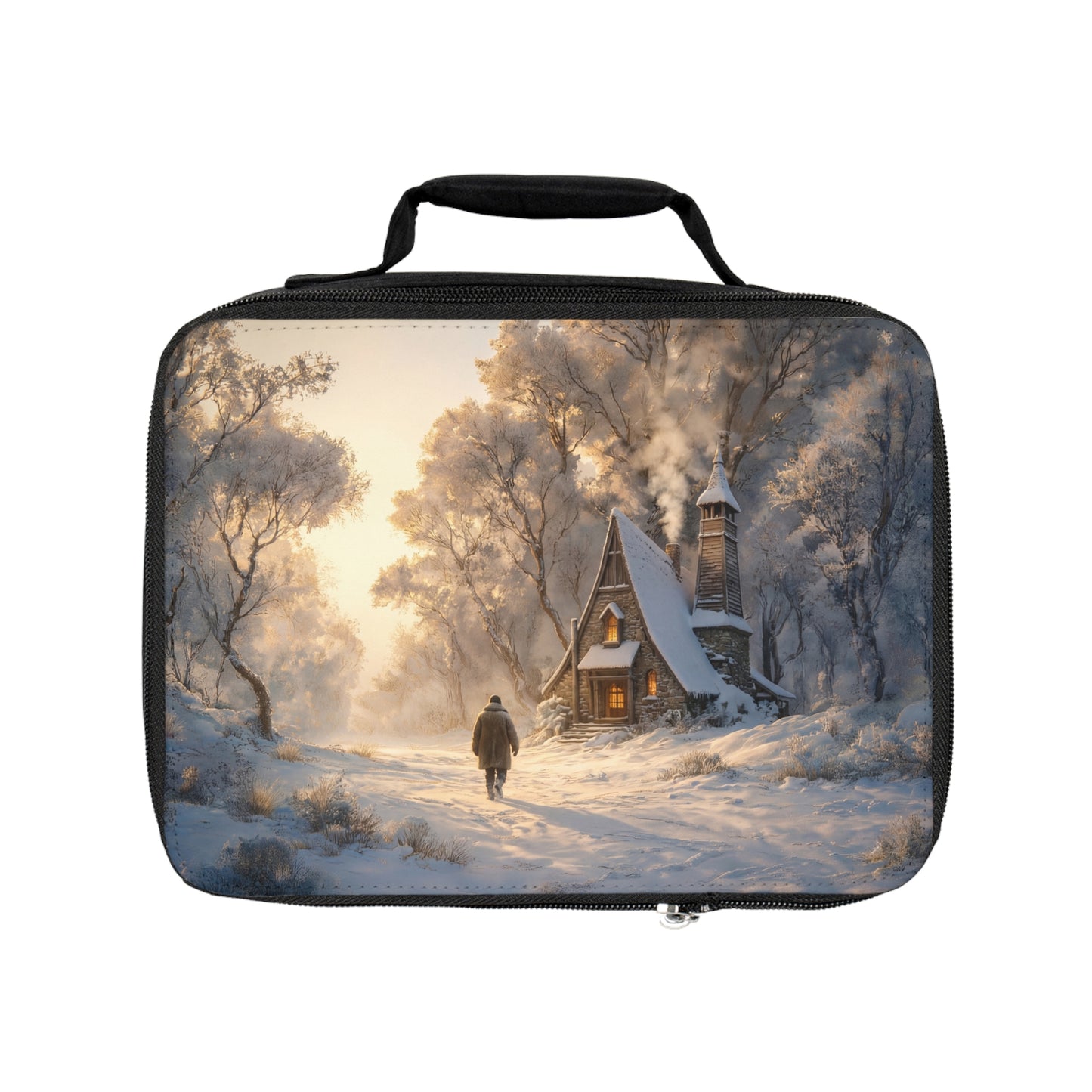 Snowbound Chapel Lunch Bag – Warm Hearth Light in Winter’s Hush