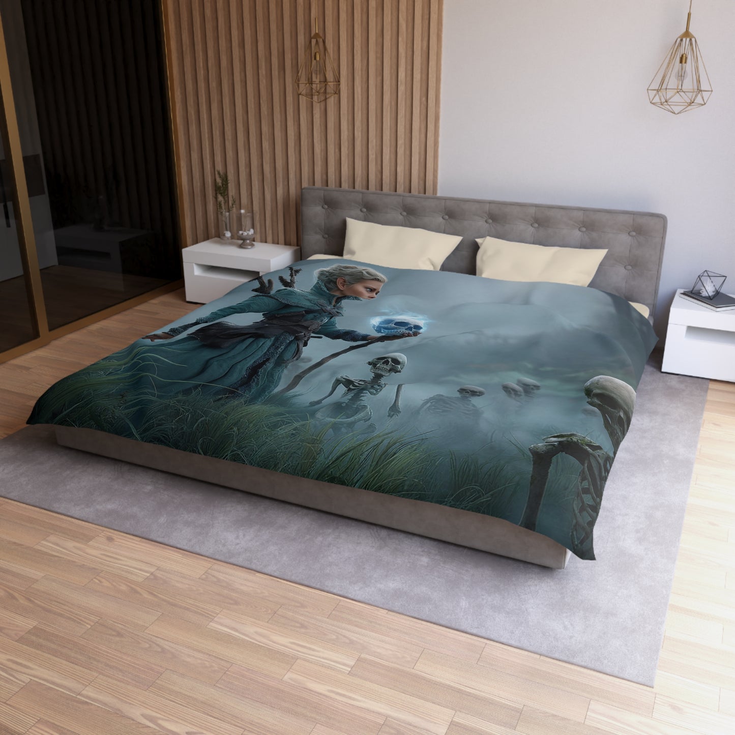 Blue-Eyed Sentinel Duvet Cover – Whispering Skeletal Grove