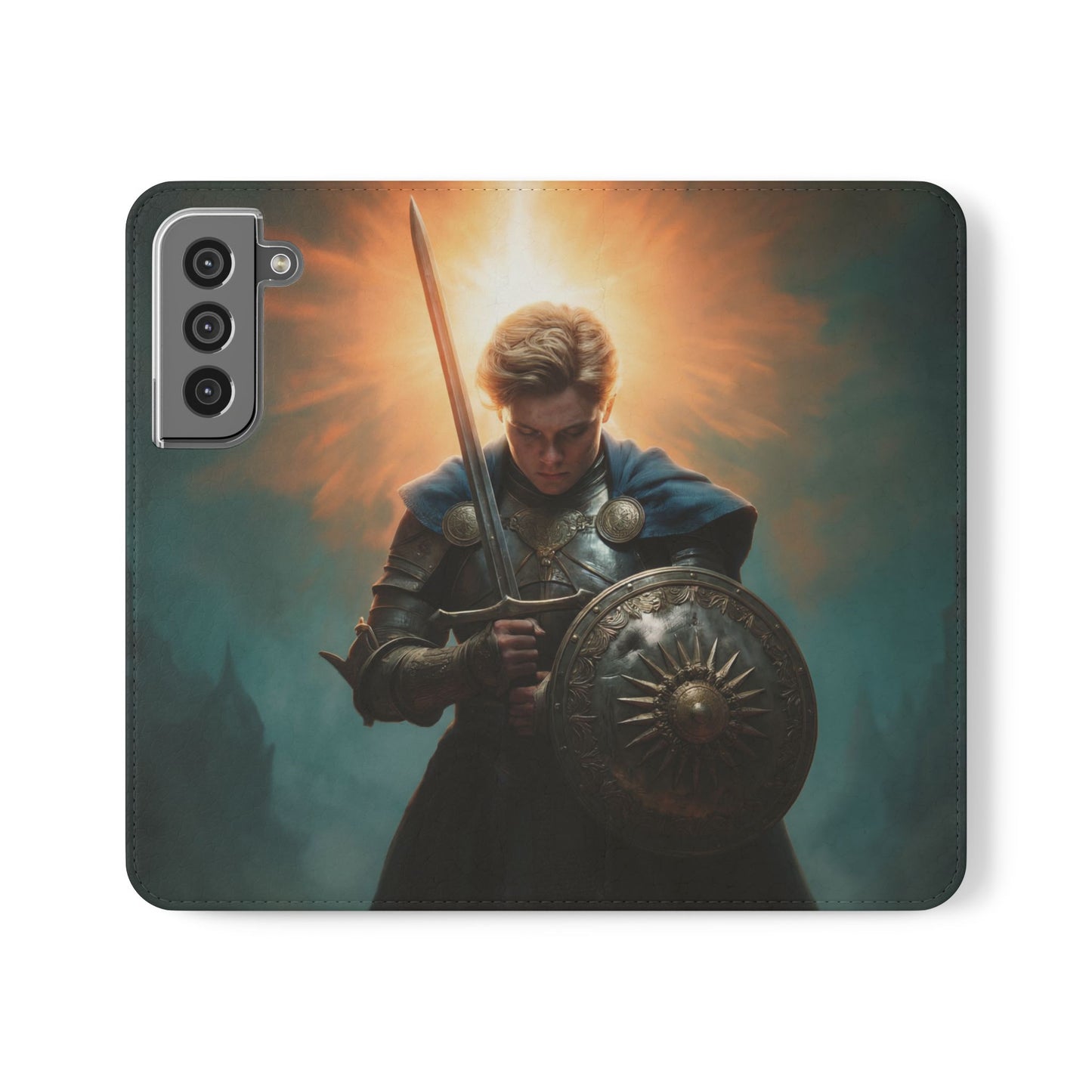 Dawn-Forged Knight Flip Cases – Radiant Armor Against Misty Skies