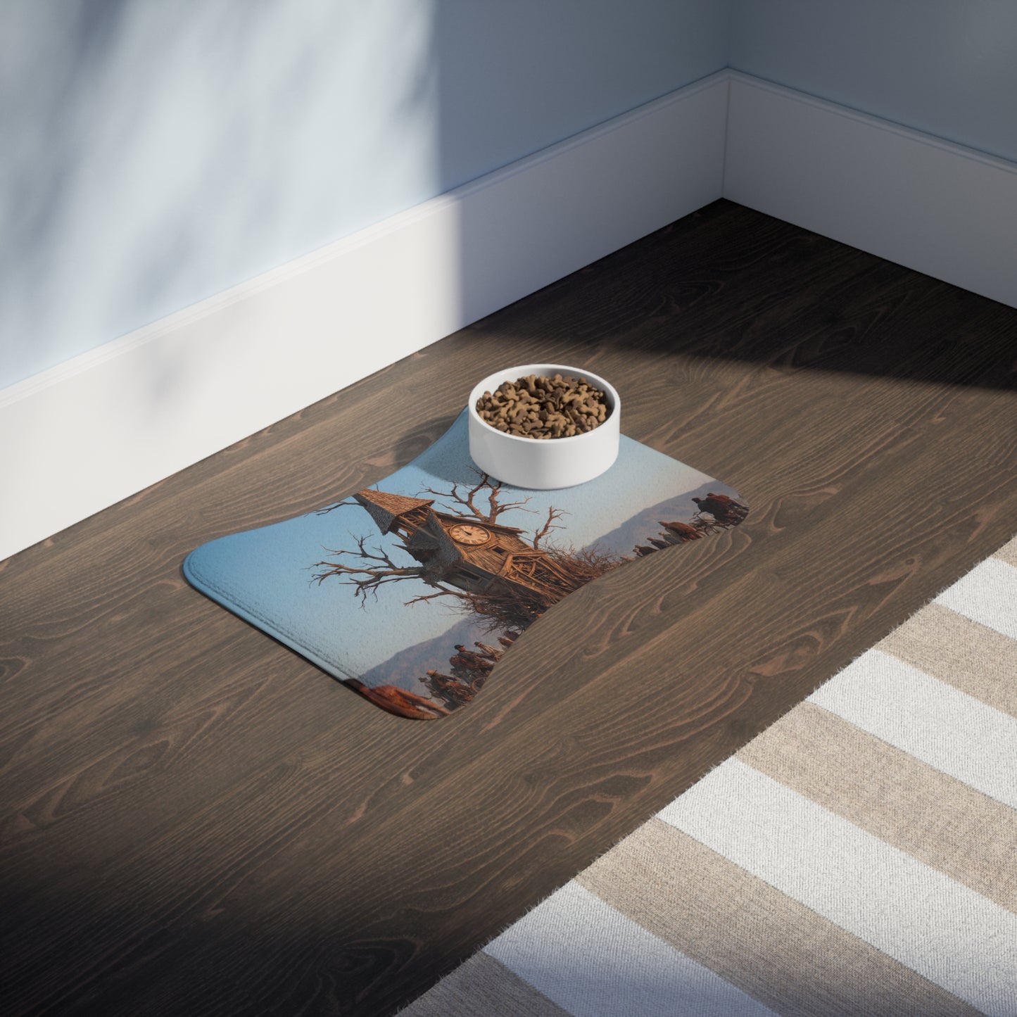 Driftwood Clock Tower Pet Feeding Mats – Post-Apocalyptic Travellers Scene
