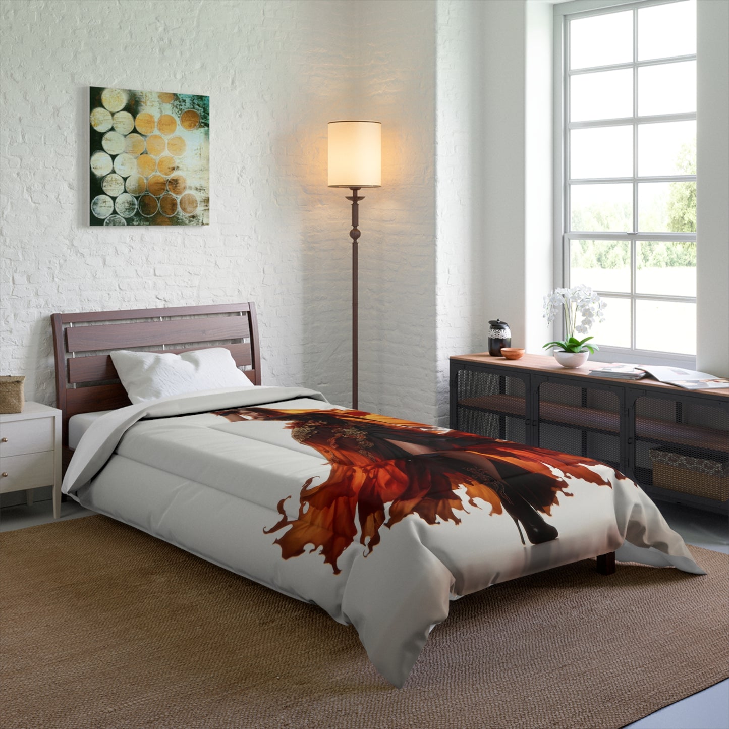 Flame-Dancer Regalia Comforter – Crimson Whirlwind Elegance