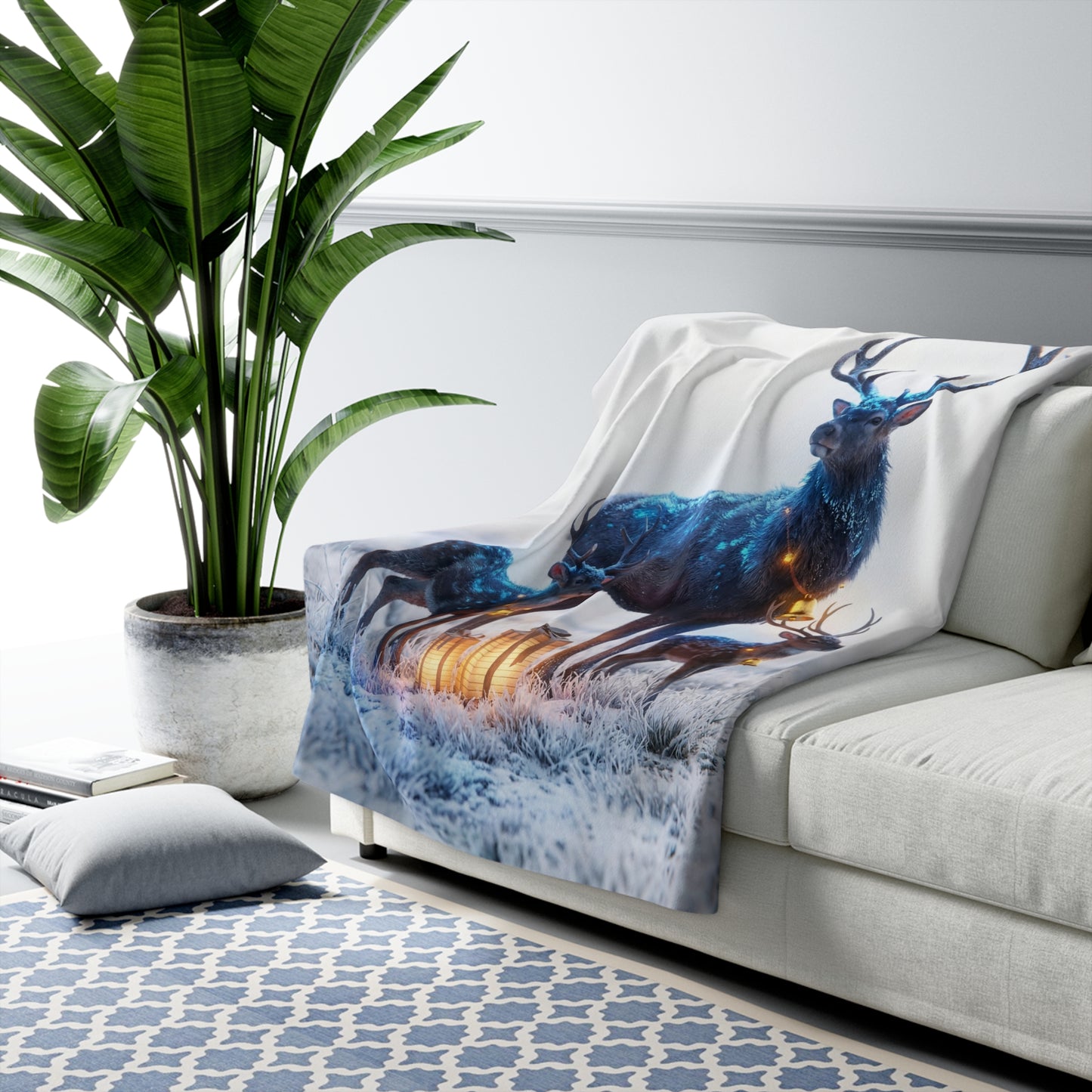 Starlight Stag Trio Blanket – Frosty Forest Guardians with Golden Bells