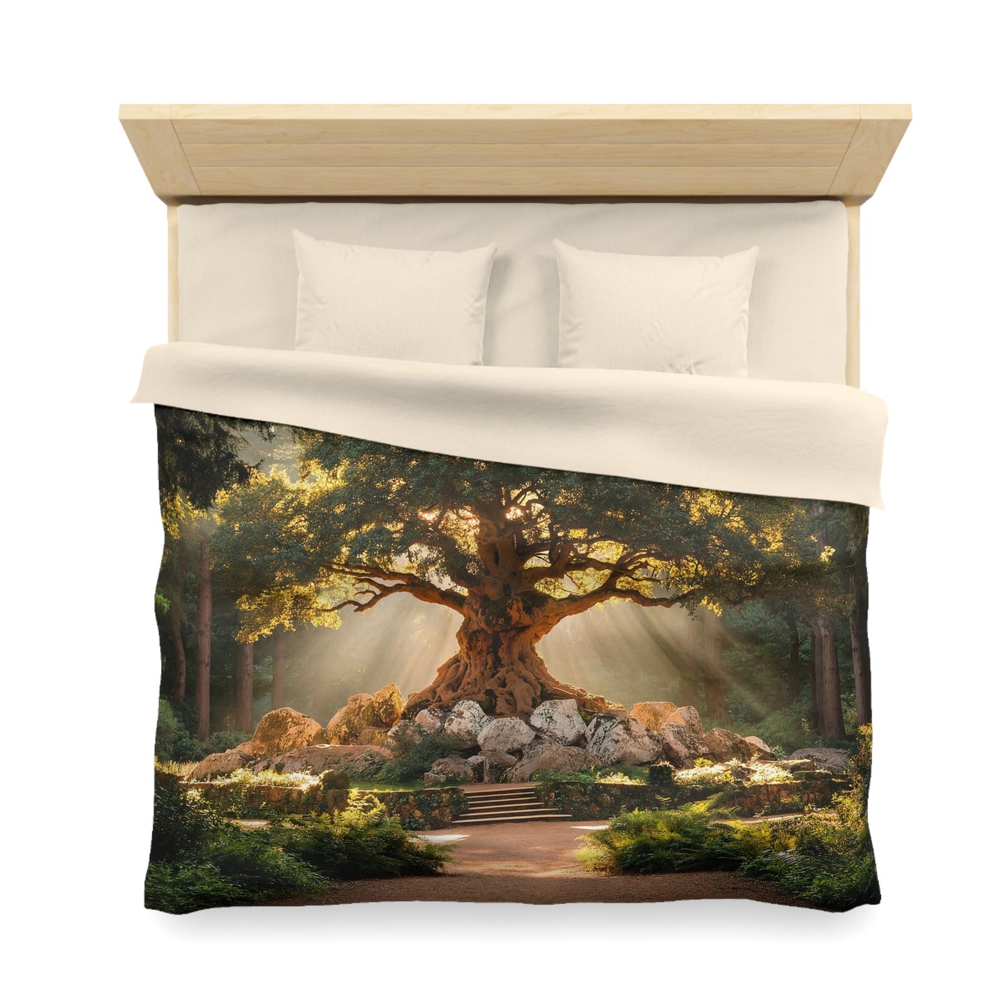 Ancient Sentinel Tree Microfiber Duvet Cover – Golden Sunbeam Sanctuary