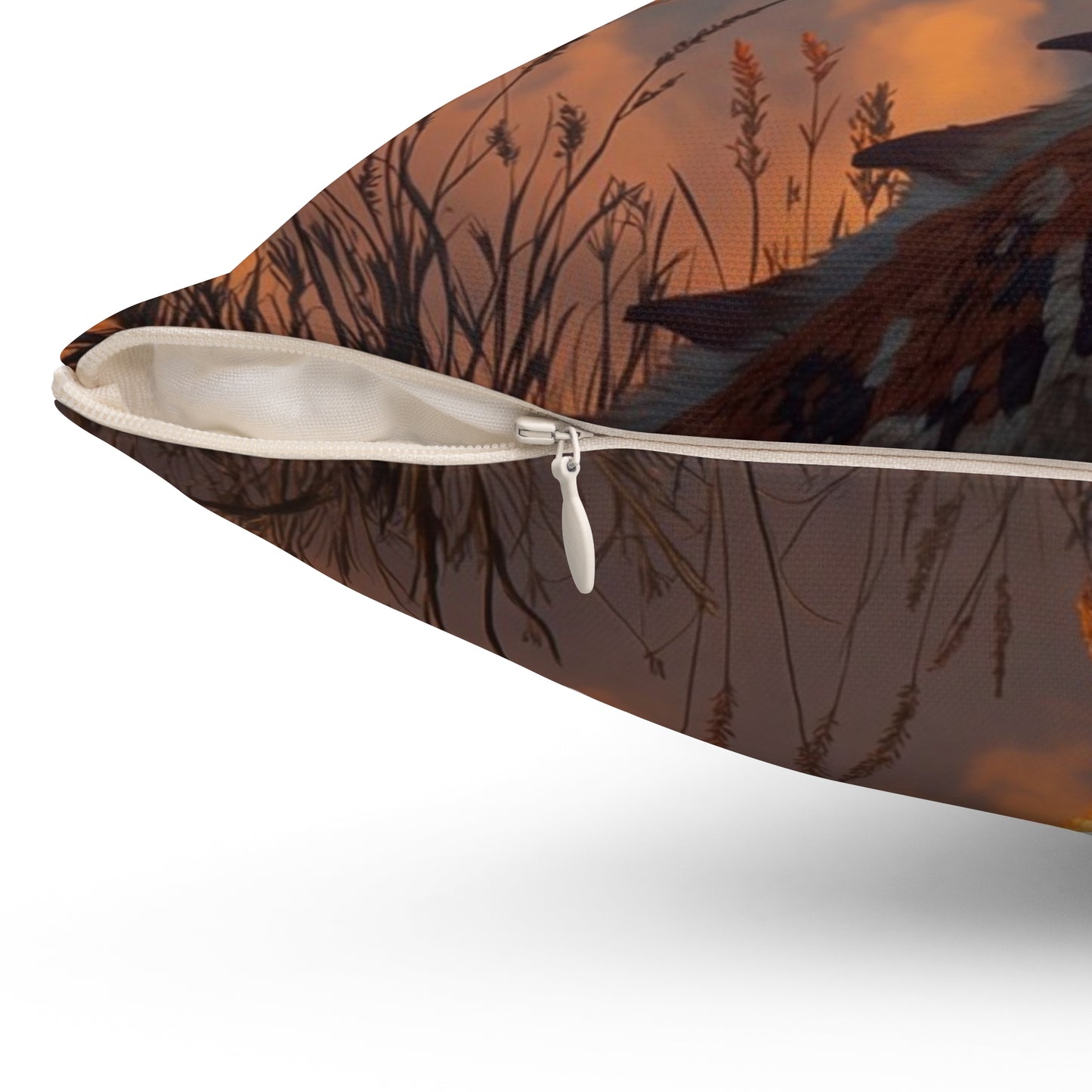 Sunset Sentinel Dragon Spun Polyester Square Pillow – Warm Amber Glow in Wild Grasses