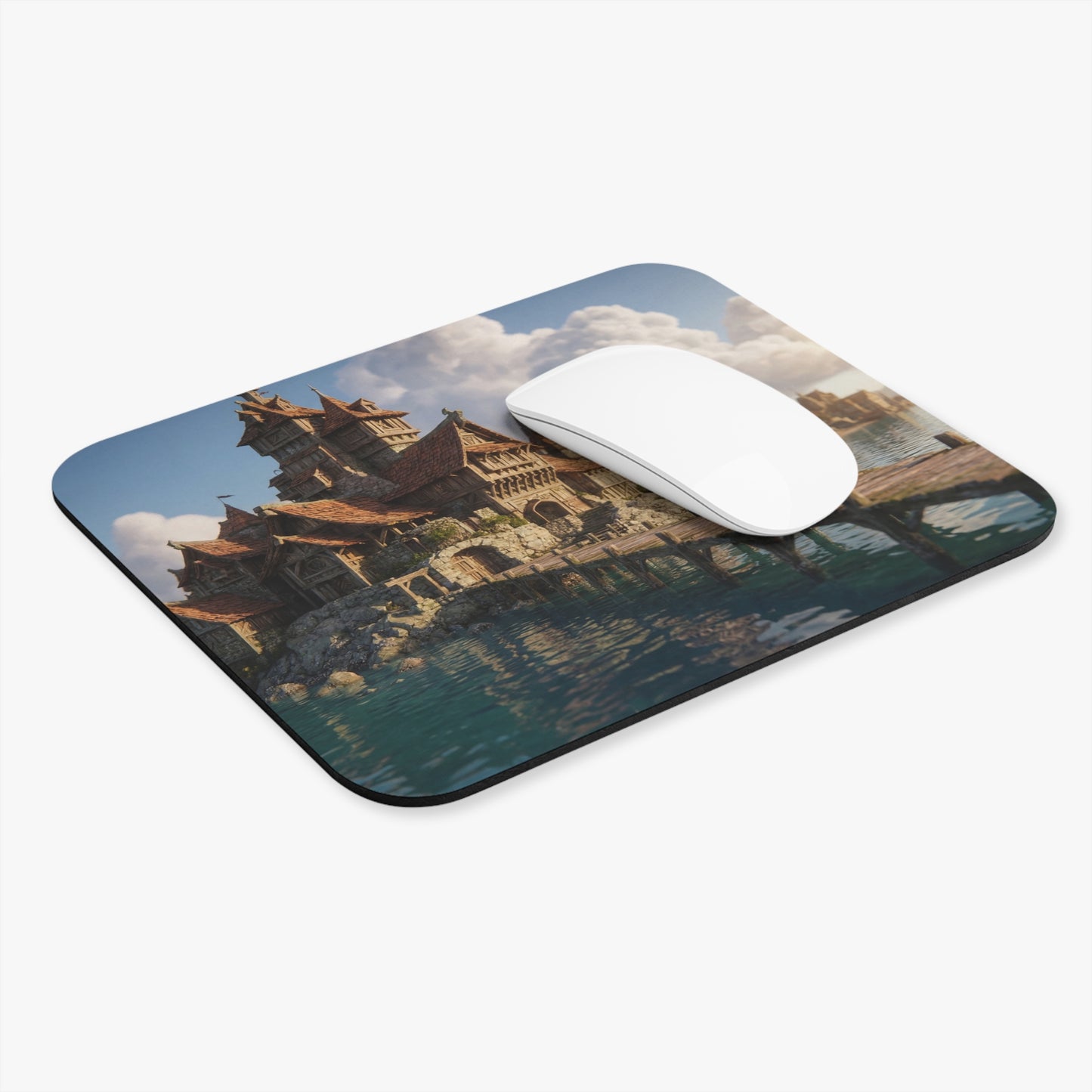 Harbor Haven Mouse Pad (Rectangle) – Sunlit Coastal Village Dreamscape