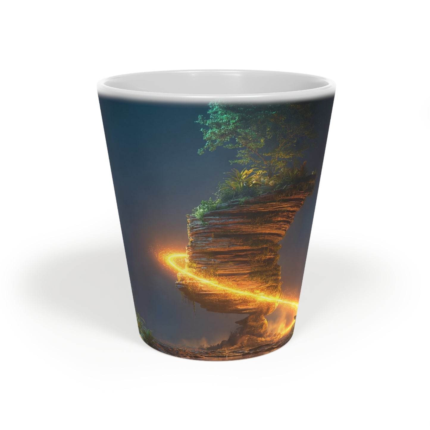 Luminous Floating Island Latte Mug – Amber Glow Through Tropical Night