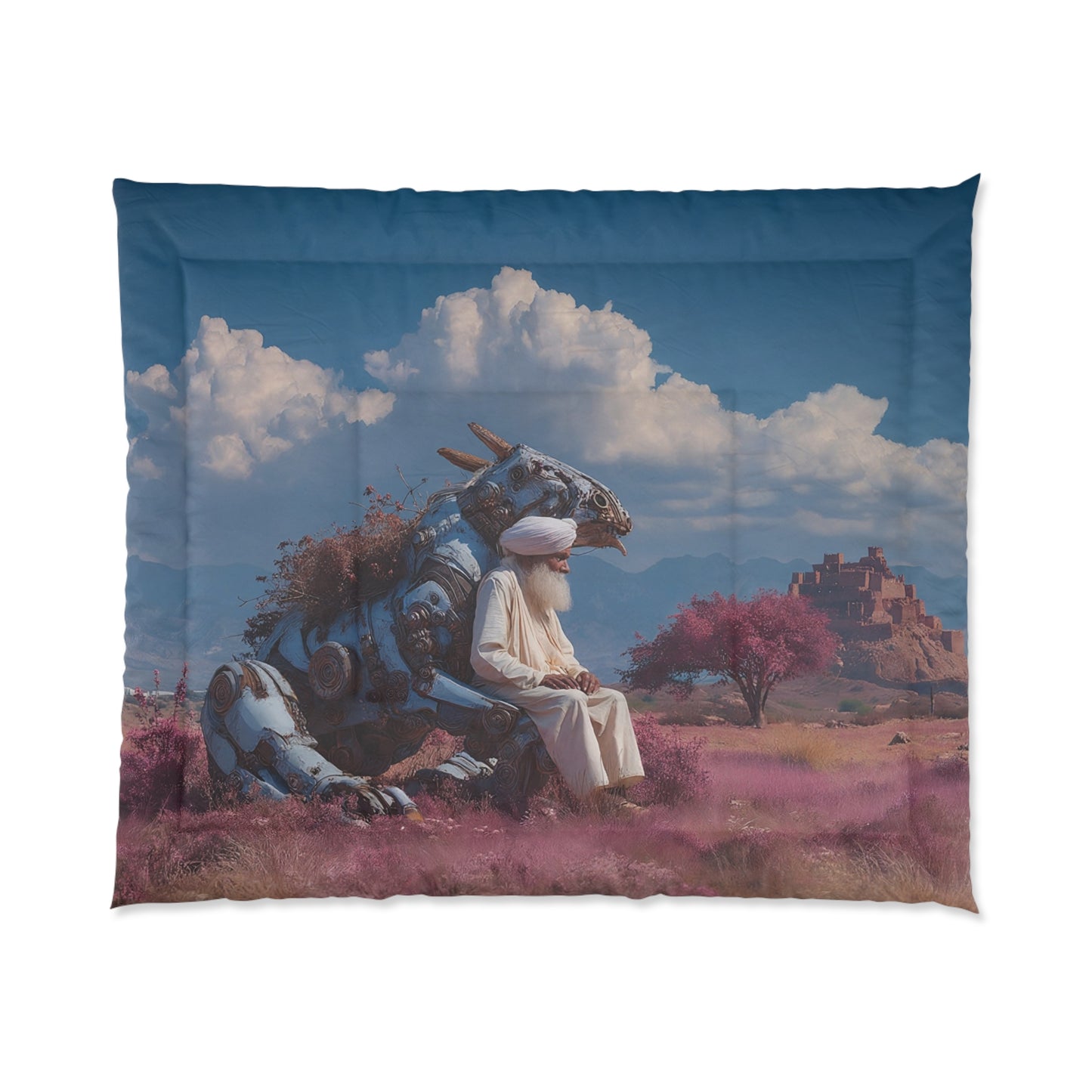 Sage on Mechanical Steed Comforter – Azure Sky and Crimson Bloom Dreamscape