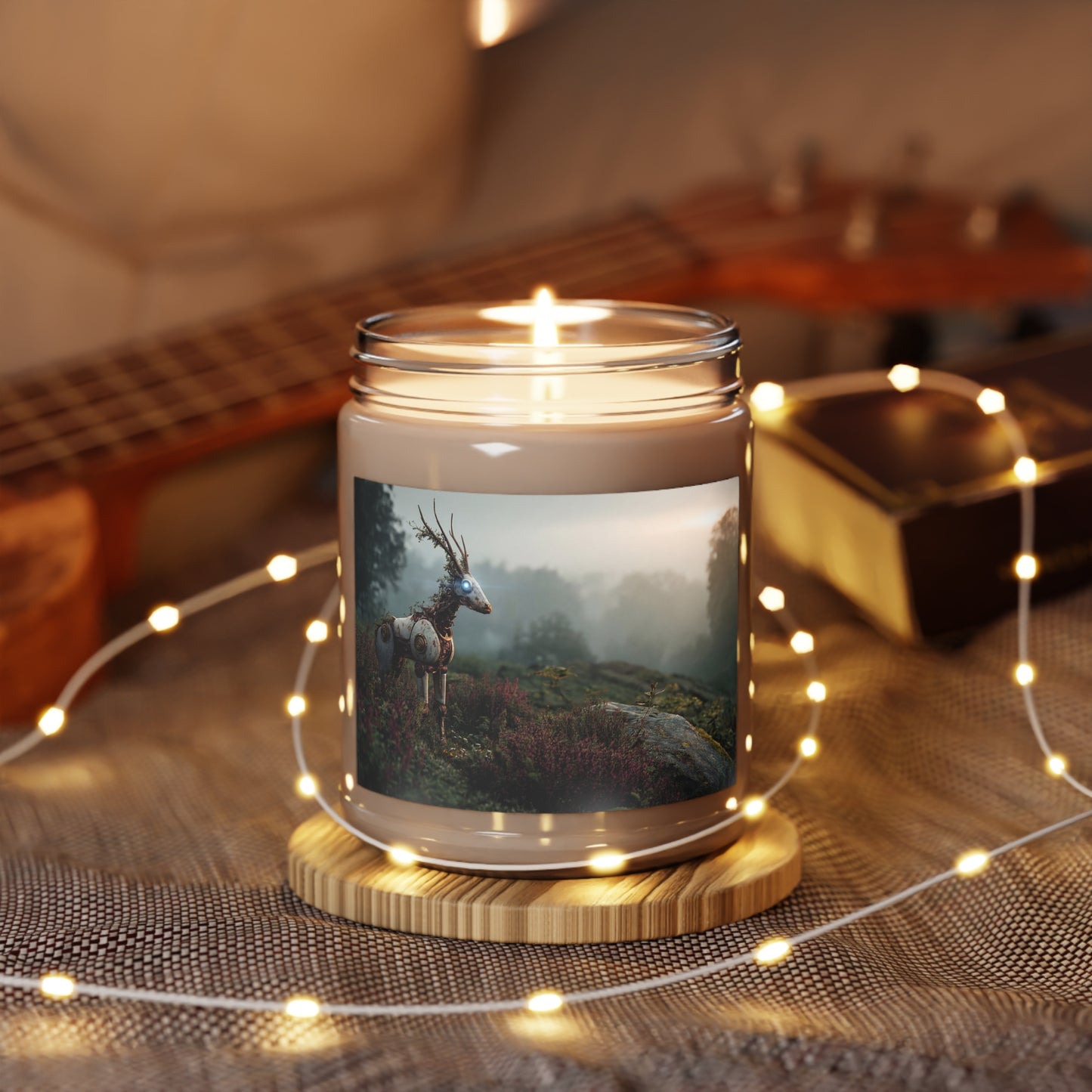 Cybernetic Stag Scented Soy Candles with White Lid, 9oz – Dawn’s Glowing Guardian