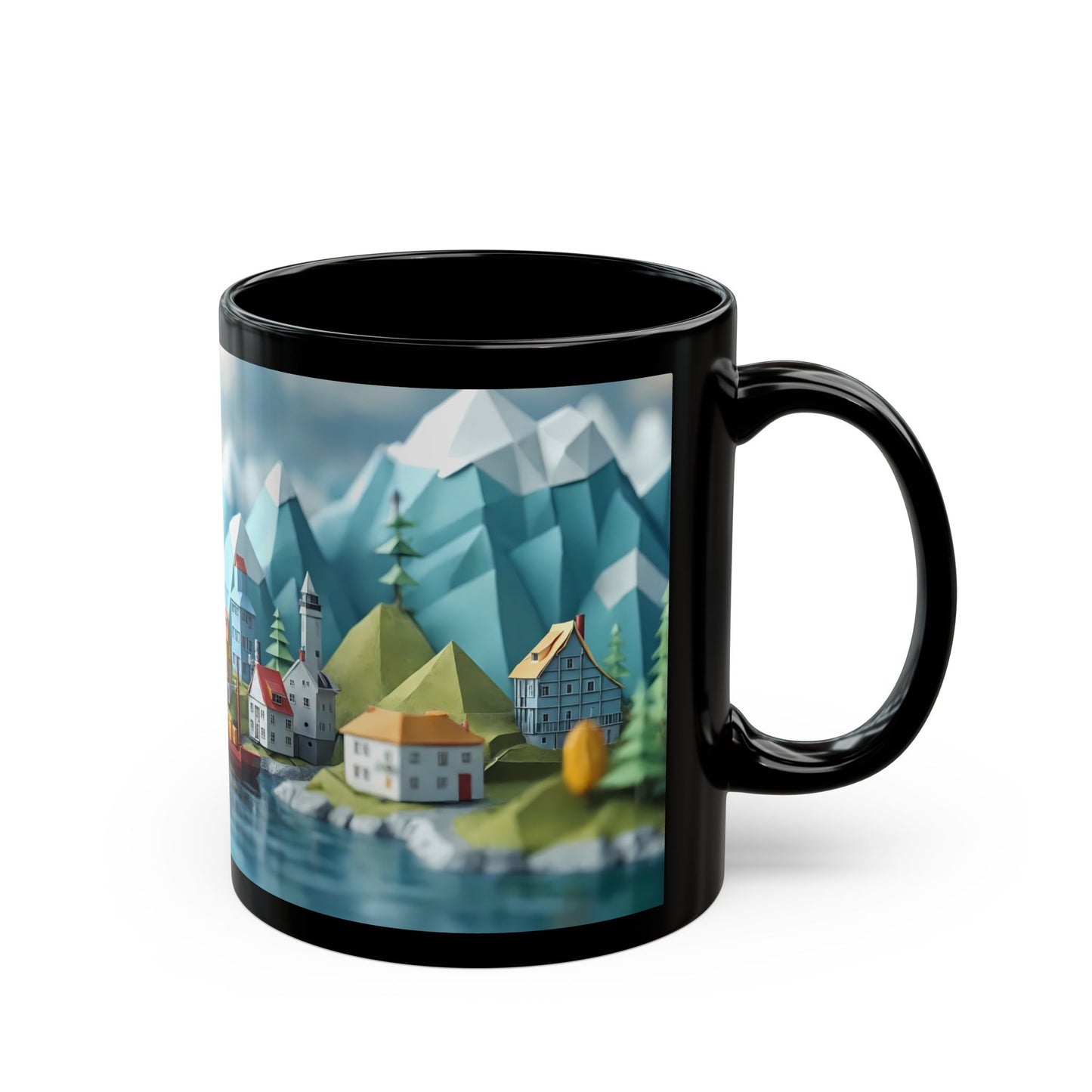 Alpine Harbor Black Mug – Snow-Capped Peaks & Harbor Life