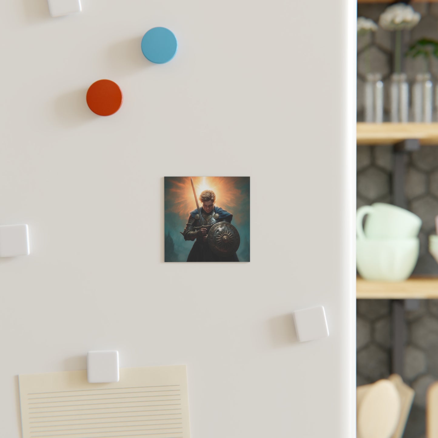 Dawn-Kissed Knight Square Magnet – Sunlit Resolve Against Misty Towers