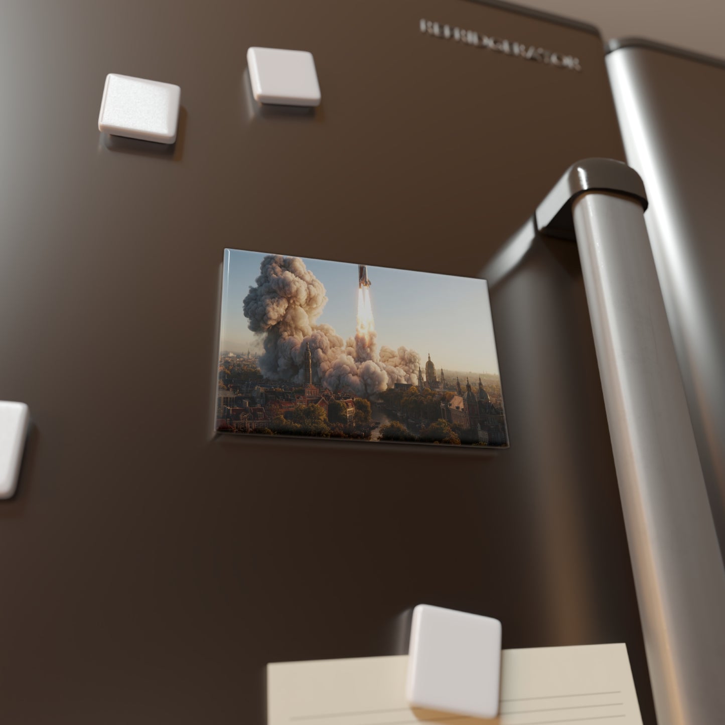 Rocket Launch Over Amsterdam Button Magnet, Rectangle (1 & 10 pcs) – Dawn’s Vertical Escape