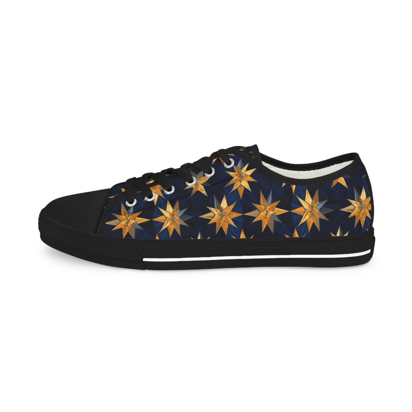 "A kaleidoscopic pattern of geometric star formations radiating from a central point, using a palette of deep sapphire, smoky quartz, and dark citrine hues." - Men's Low Top Sneakers