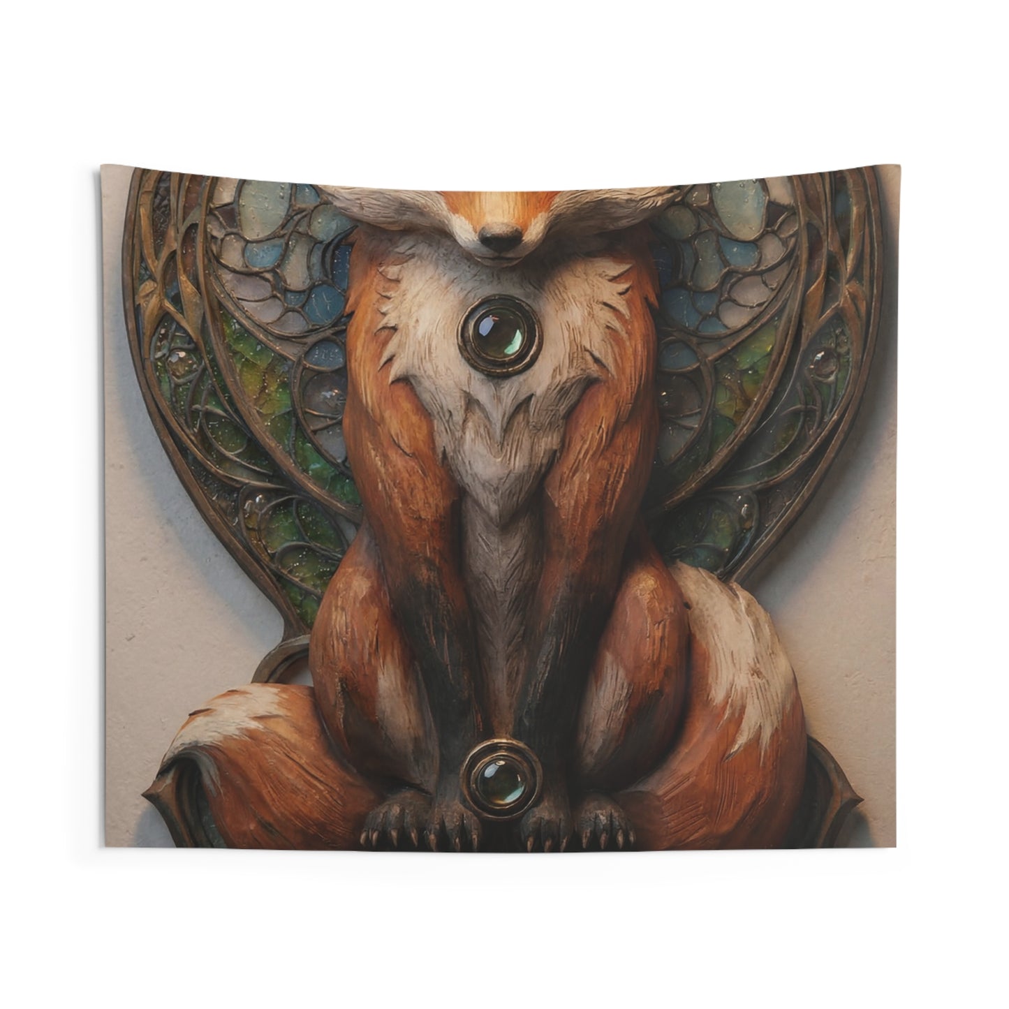 Fox Sentinel Wall Tapestry – Amber Eyed Guardian in Stained Glass Frame