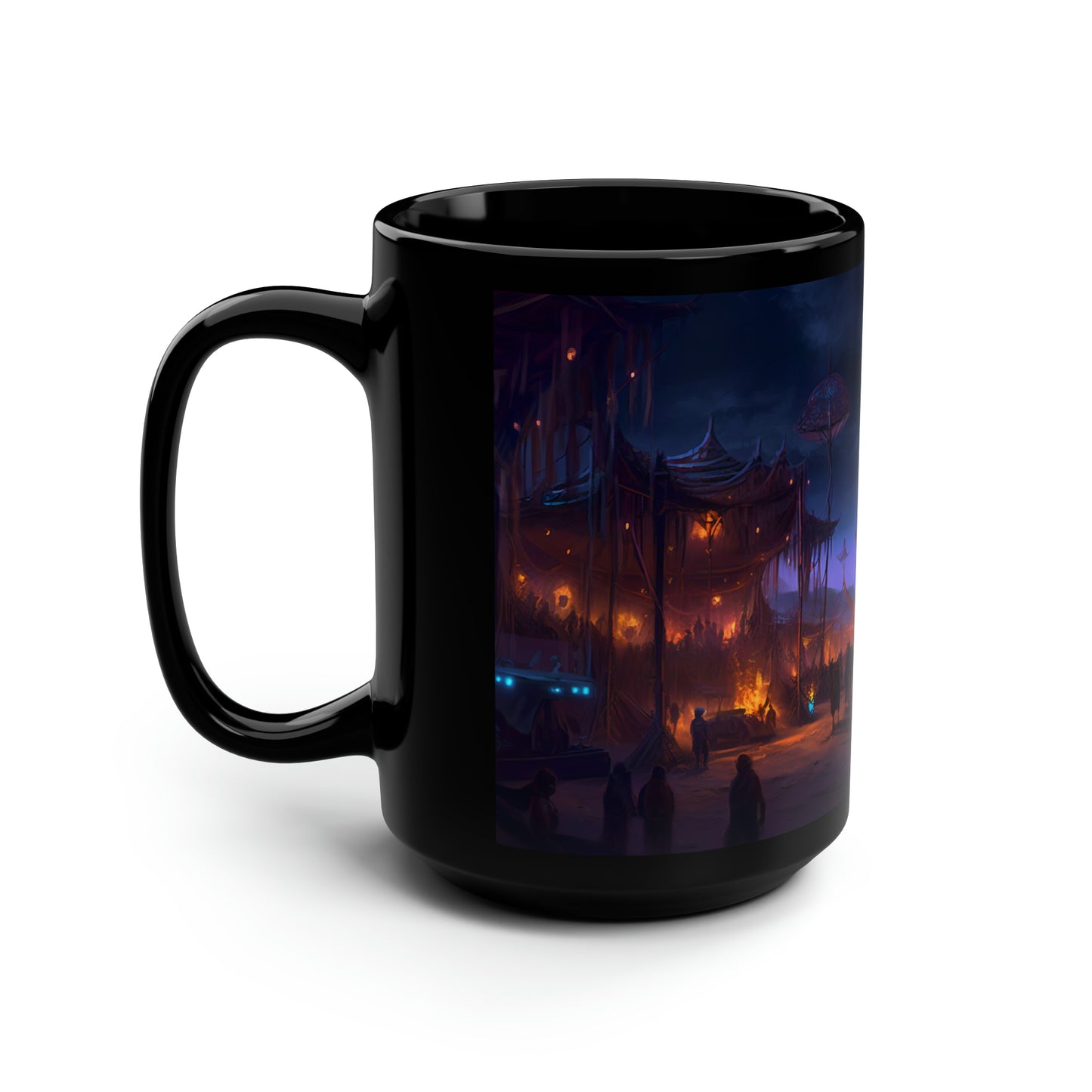 Digital painting of an awe-inspiring night scene at Burning Man, showcasing epic and intricate art installations -  Mug, Black