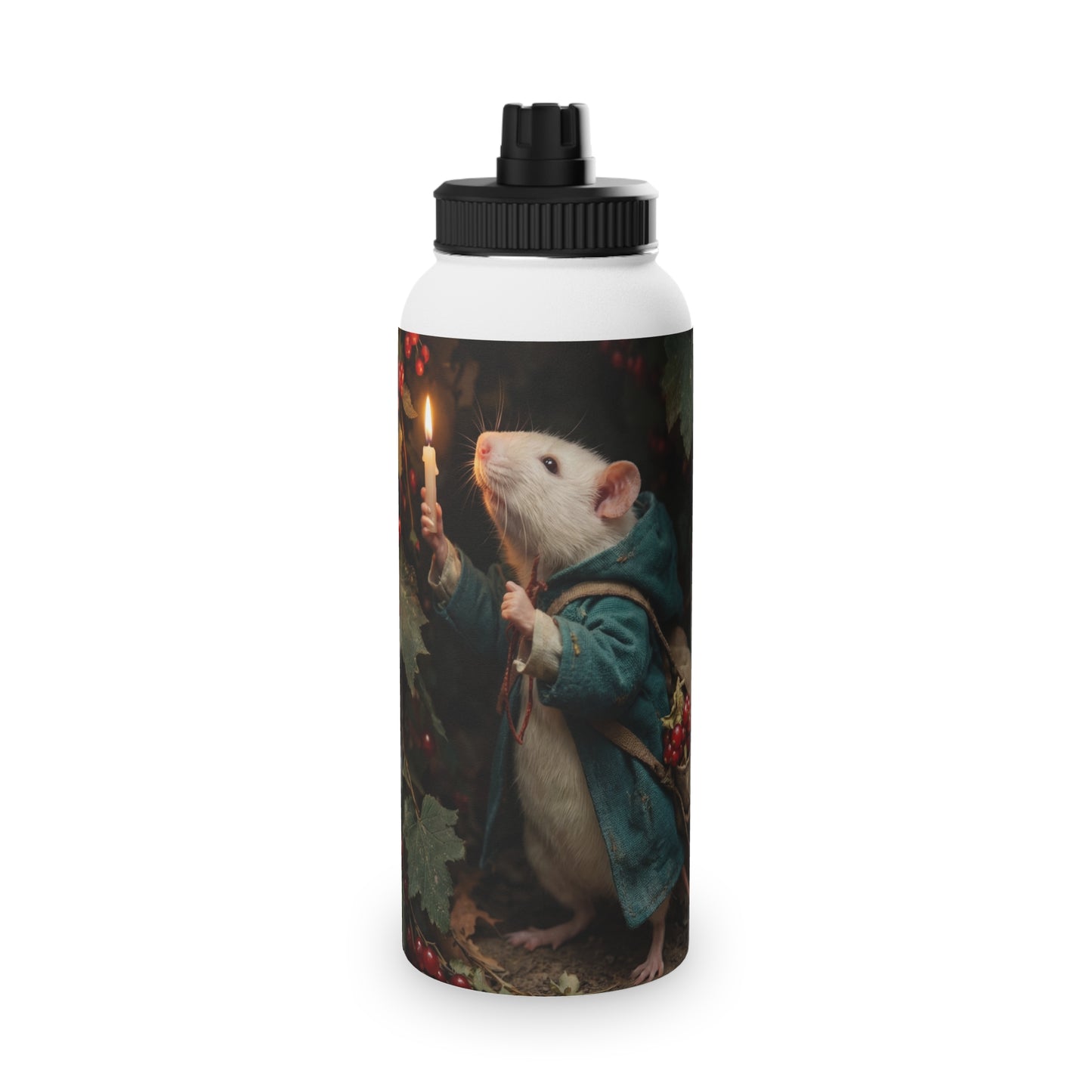 Candlelit Rat Forager Stainless Steel Water Bottle, Sports Lid – Autumn Berry Harvest