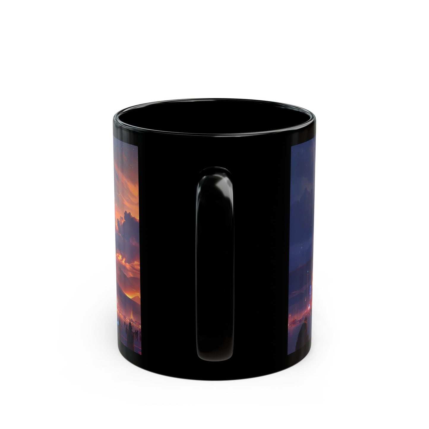 Cosmic Spire Black Mug – Neon Desert Temple Dreamscape