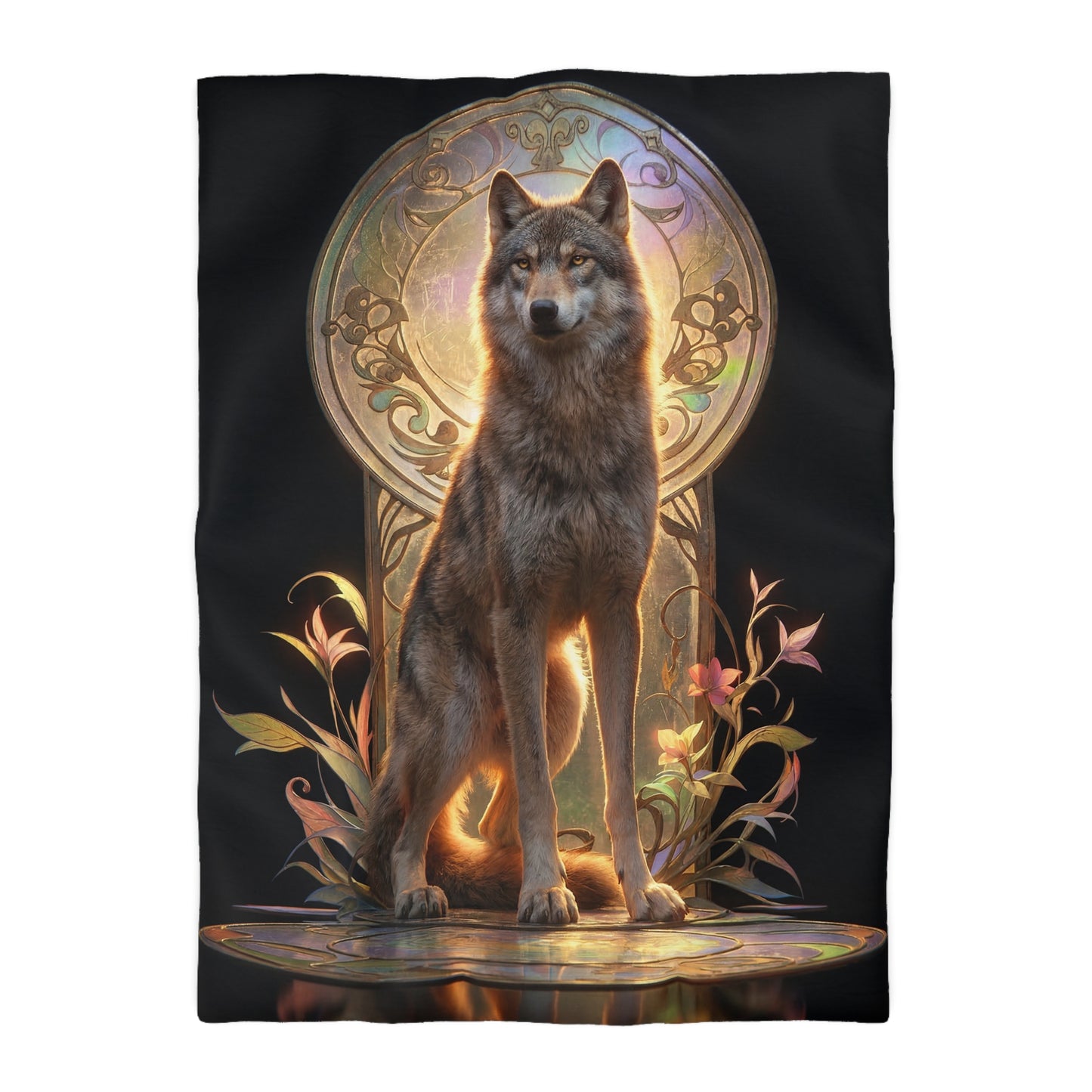 Regal Wolf Throne Microfiber Duvet Cover – Golden Light Through Art Nouveau Arch