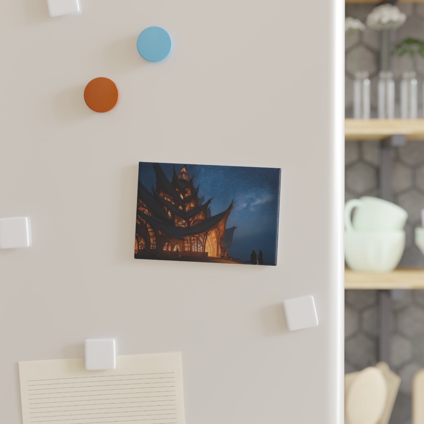 Starlit Temple of Wings Button Magnet, Rectangle (1 & 10 pcs) – Warm Light Under a Milky Way Sky
