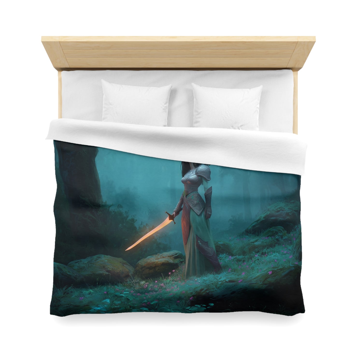Elven Sentinel Forest Guardian Microfiber Duvet Cover – Glowing Blade and Mossy Grove