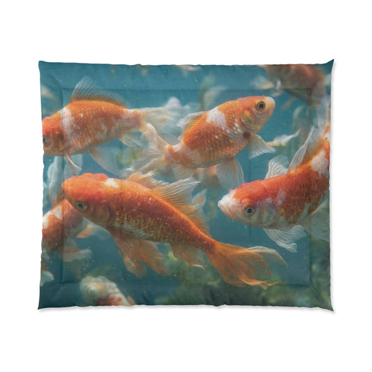 Golden Ripple Comforter – School of Koi in Azure Depths