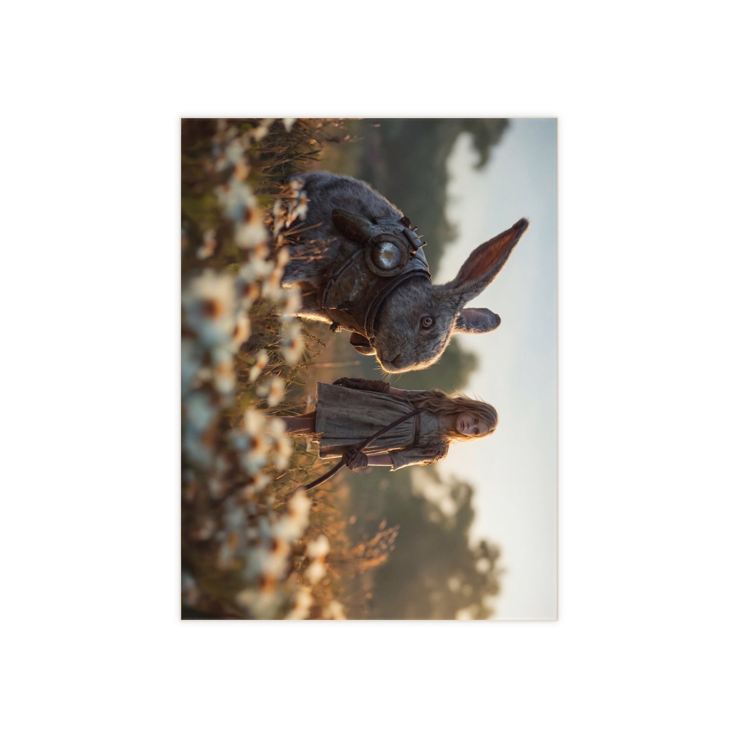Rabbit Guardian Ceramic Photo Tile – Sunset Meadow Companionship