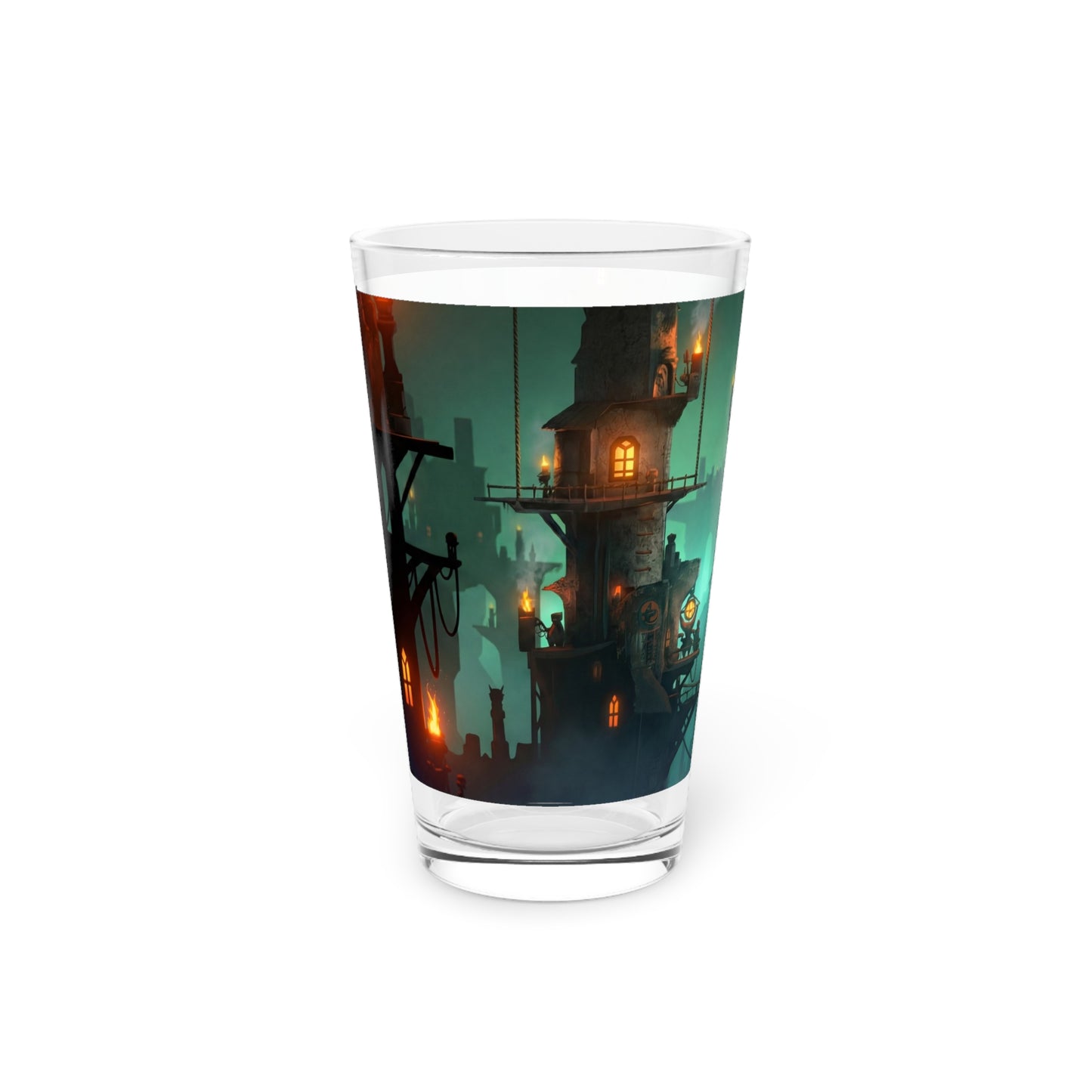 Floating City at Dusk Pint Glass – Amber Lights in the Mist