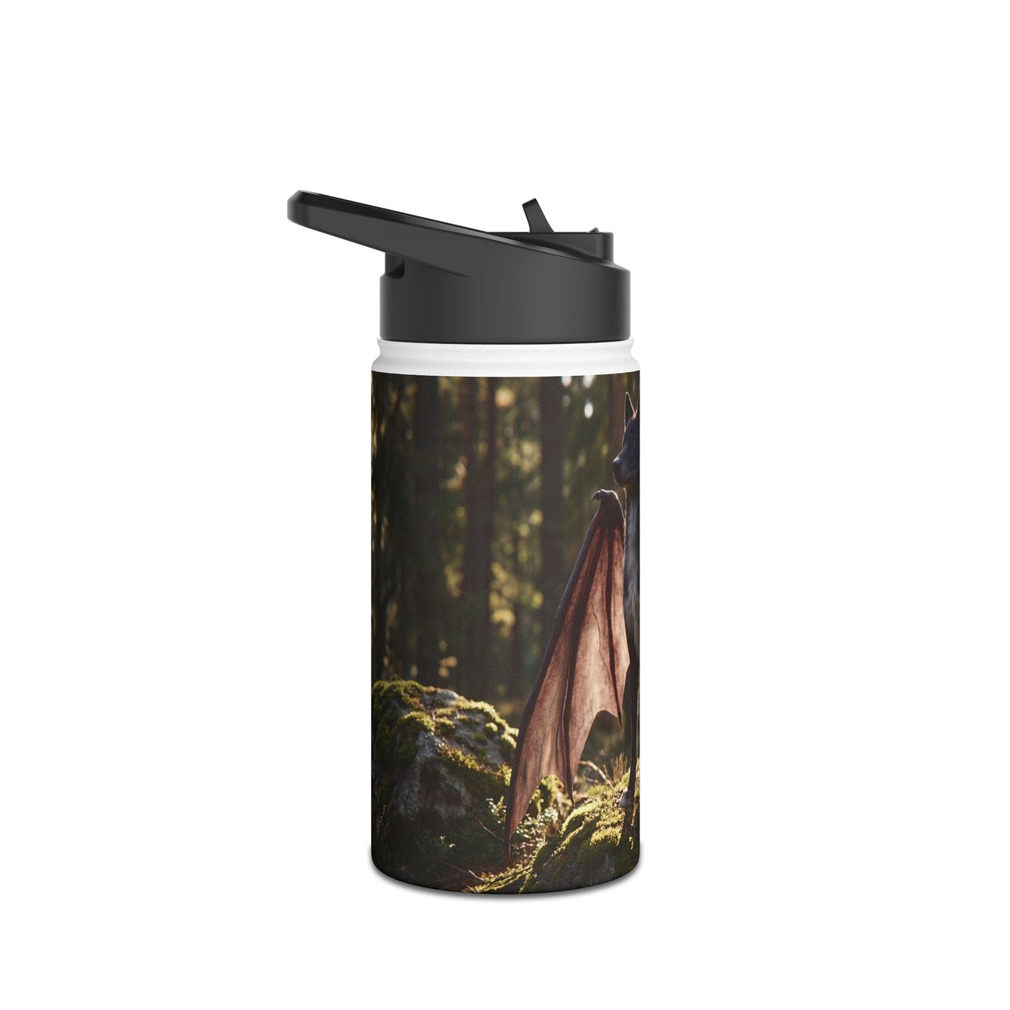 Winged Wolf in Sunlit Grove Stainless Steel Water Bottle, Standard Lid – Guardian of the Mossy Pines