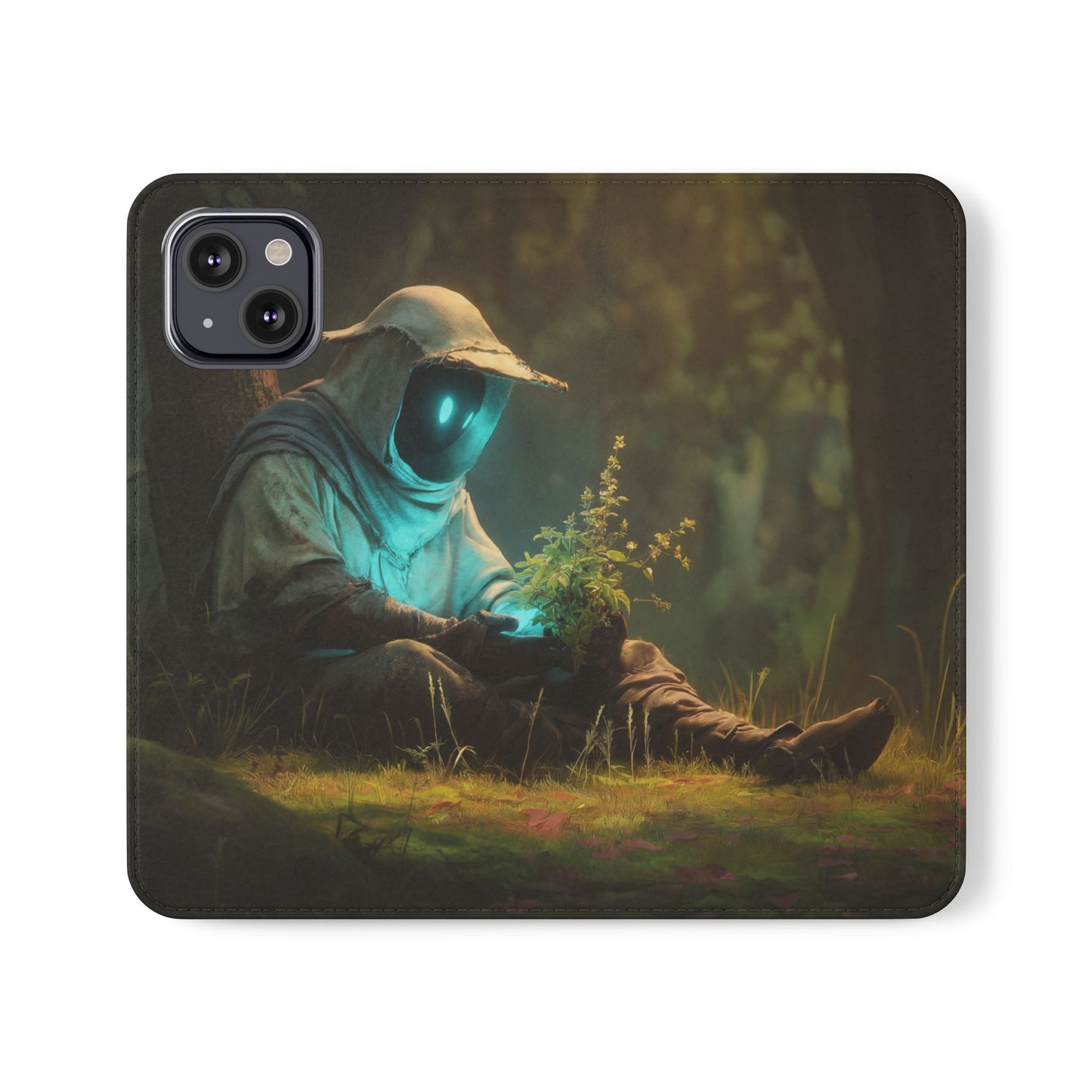 Glowing Orb Hooded Guardian Flip Cases – Bioluminescent Forest Keeper