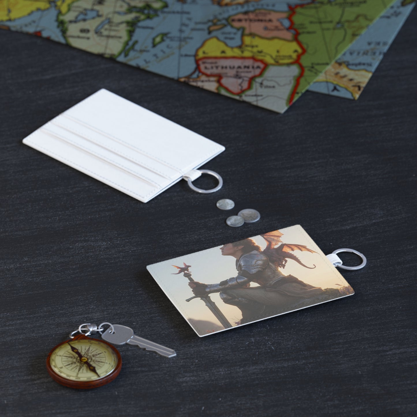Dragon Rider at Dawn Saffiano Leather Card Holder – Sunset Sentinel and Winged Companion