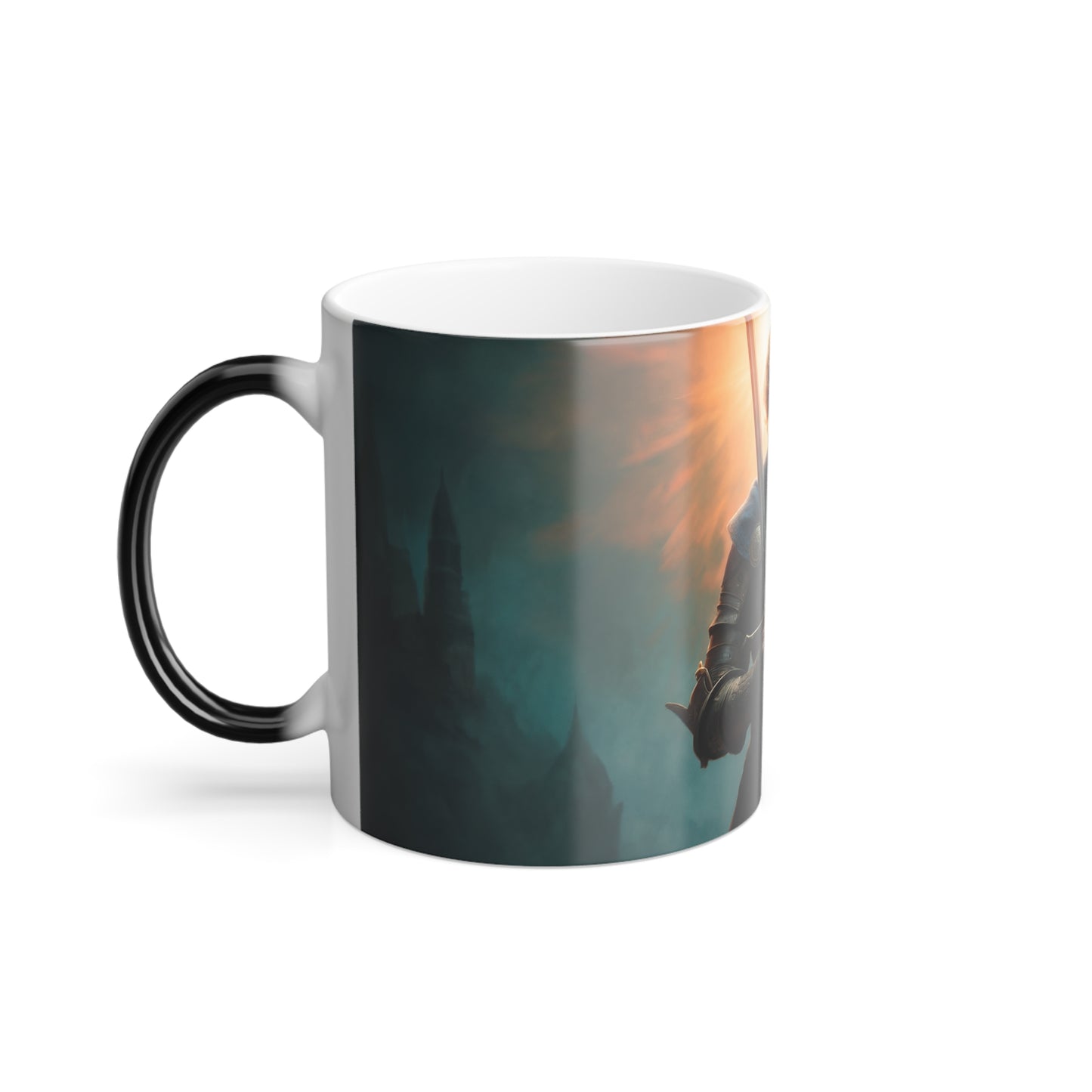 Dawn-Kissed Knight Color Morphing Mug, 11oz – Radiant Resolve in Steel and Light