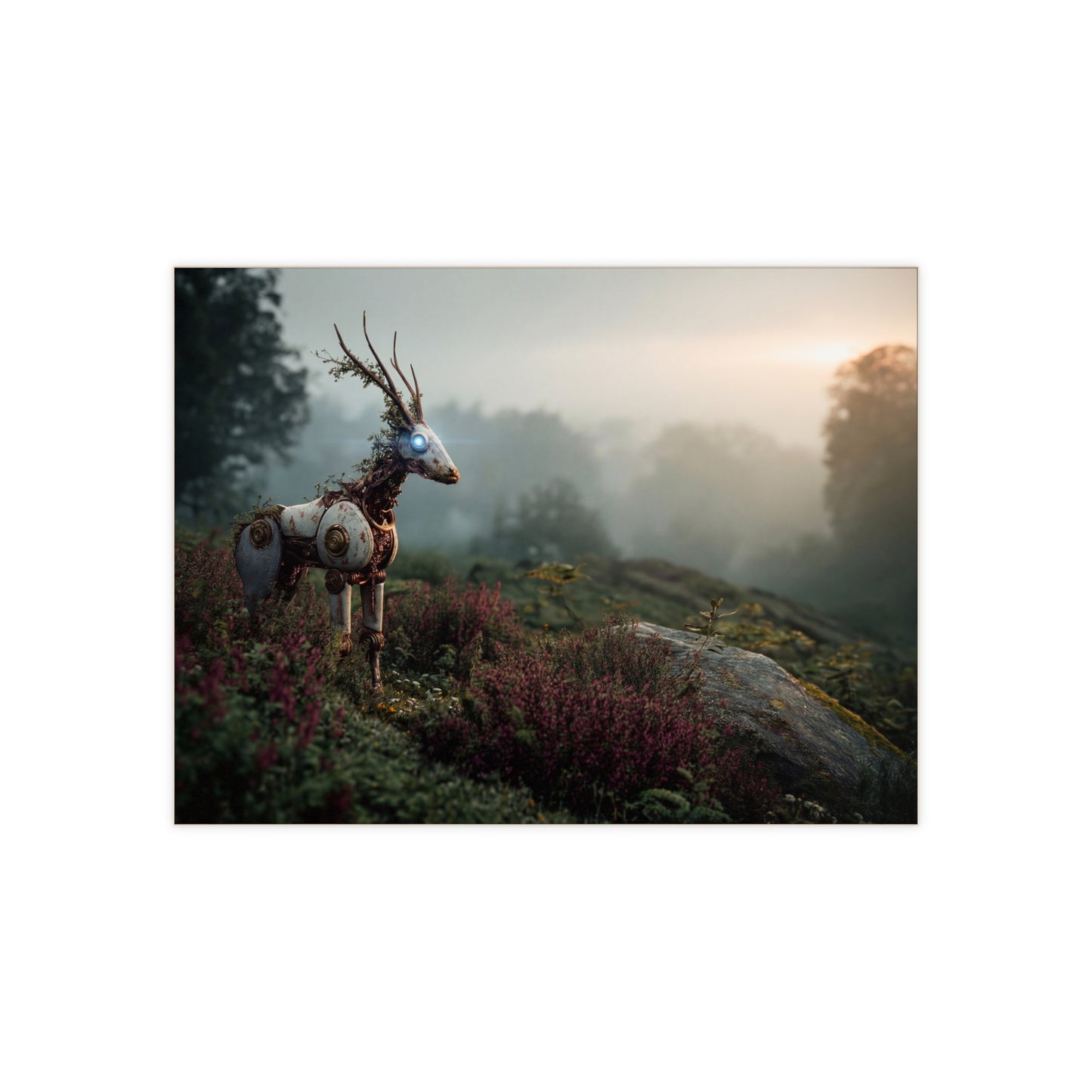 Cyber Stag Ceramic Photo Tile – Dawn’s Glowing Guardian
