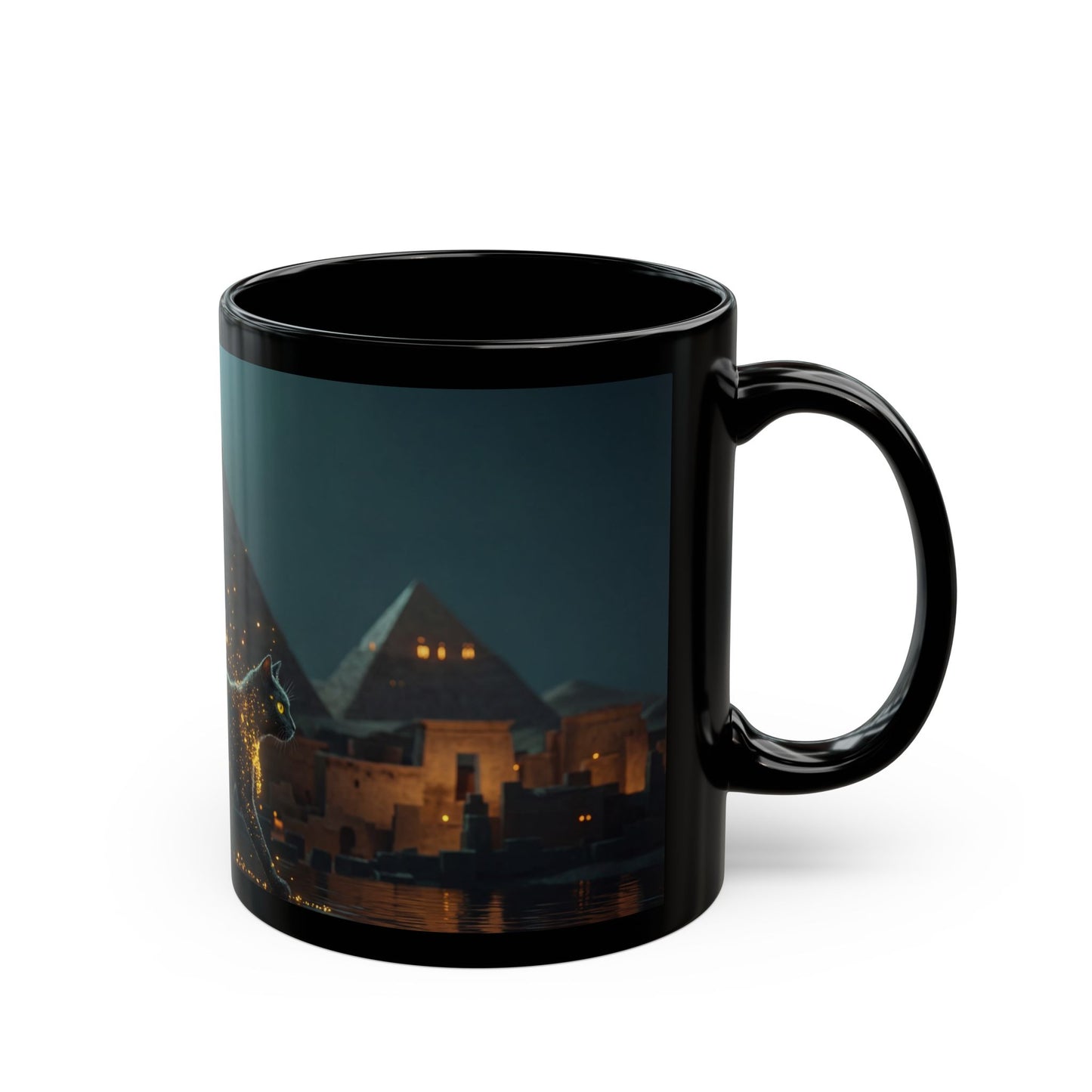 Celestial Cat Black Mug – Moonlit Pyramids Dreamscape