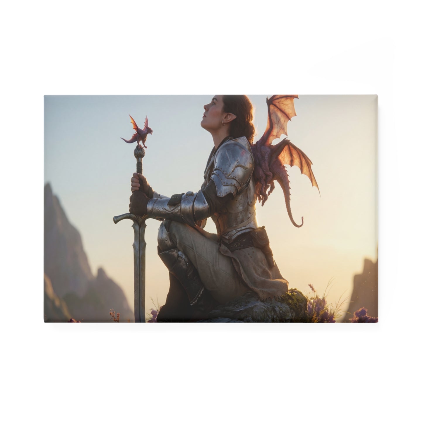 Dragon Knight with Sword Button Magnet, Rectangle (1 & 10 pcs) – Sunset Sanctuary Guardian