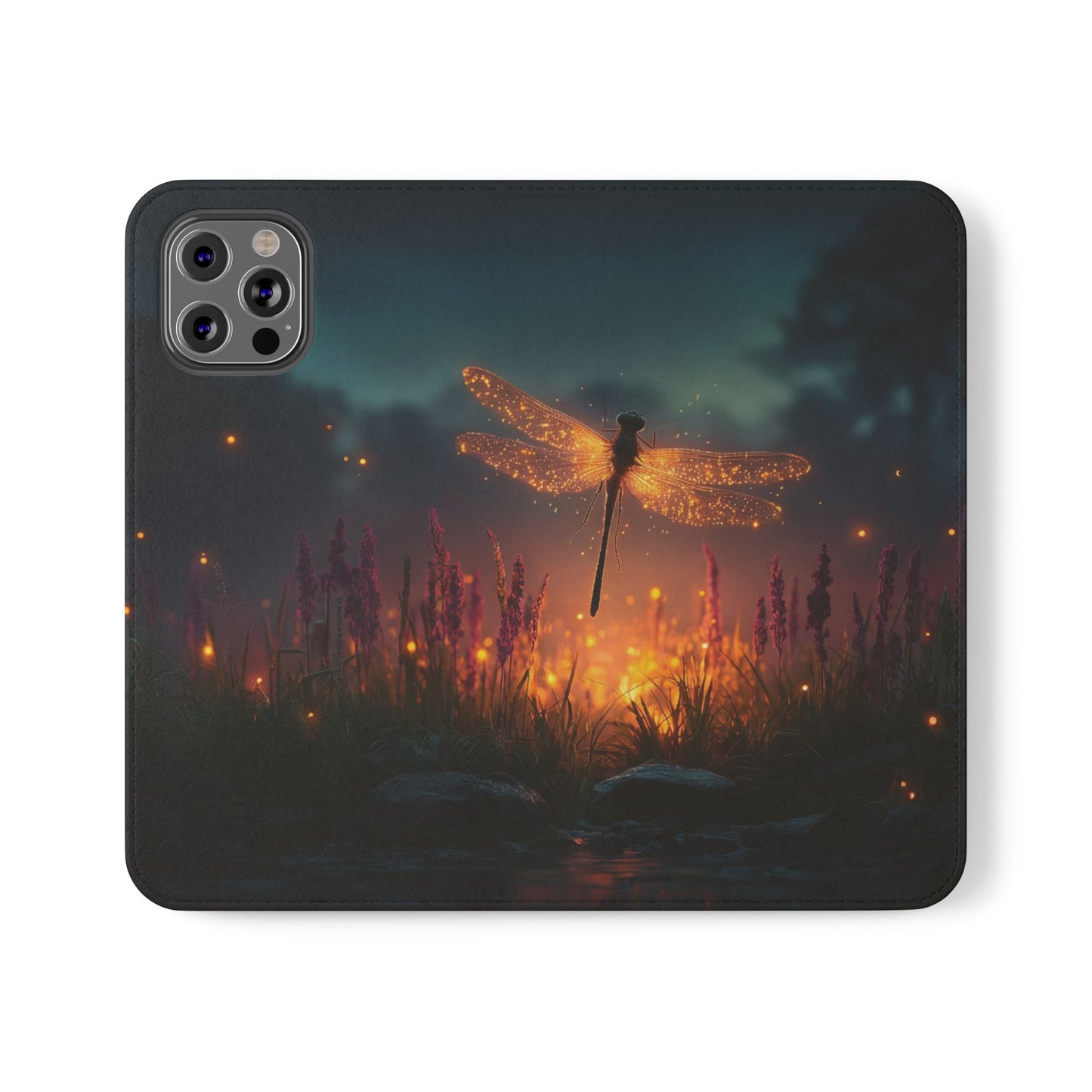 Bioluminescent Dragonfly Flip Cases – Glowing Amber Wings Over Twilight Marsh