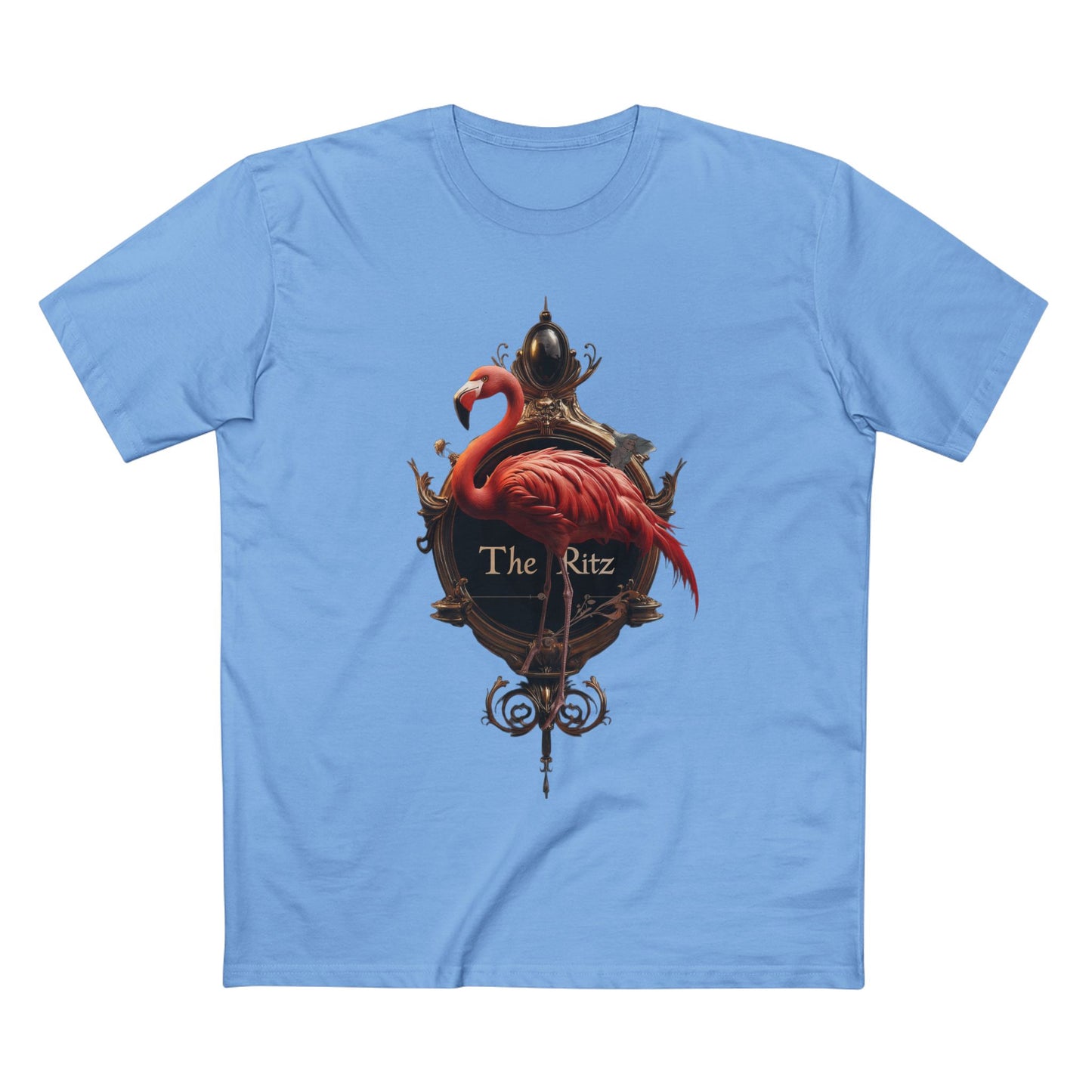 Crimson Flamingo The Ritz Tee – Ornate Gold Crest & Elegant Bird Art