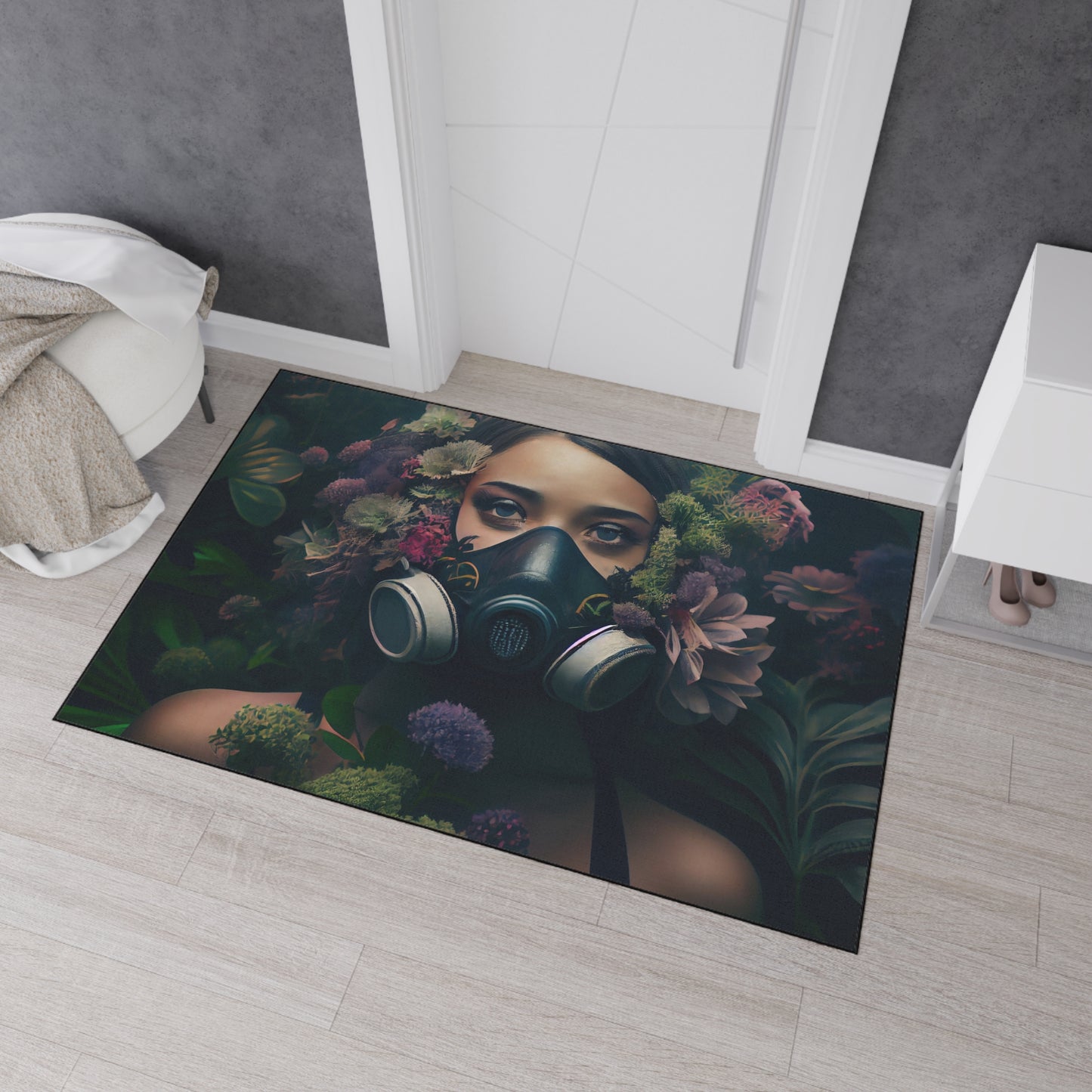 a beautiful woman wearing a gas mask filled with plants and flowers and moss - Heavy Duty Floor Mat