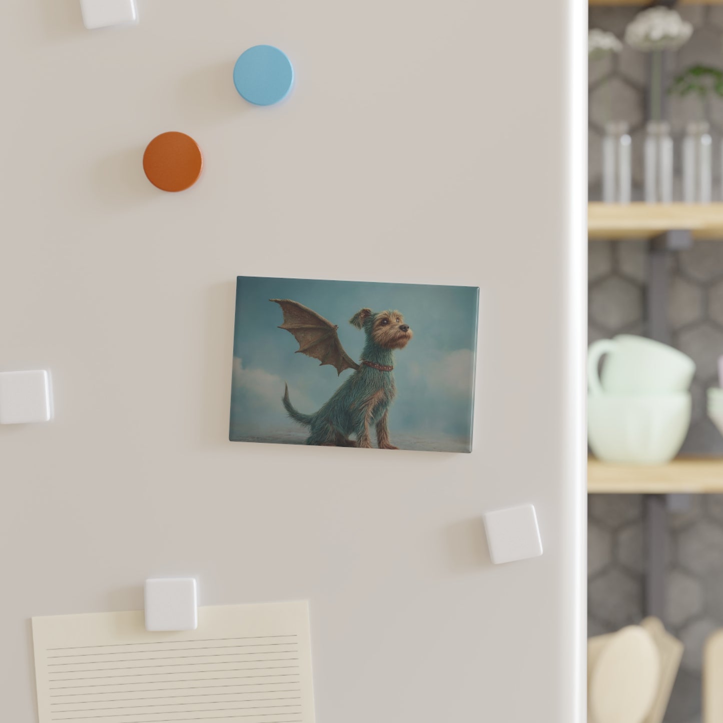 Dragon Dog Button Magnet, Rectangle (1 & 10 pcs) – Whimsical Skyward Gaze