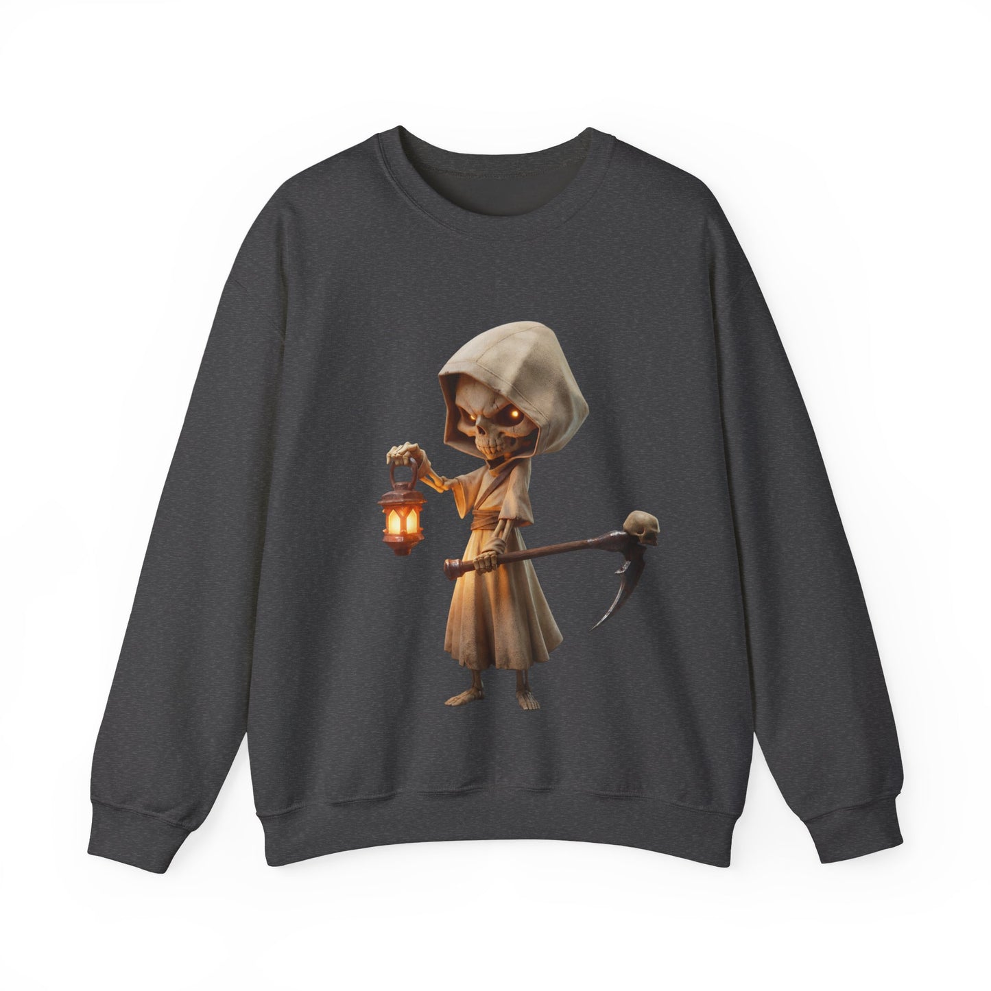Lantern-Bearing Grim Reaper Unisex Heavy Blend™ Crewneck Sweatshirt – Ember-Lit Sentinel with Scythe and Skull-Capped Blade