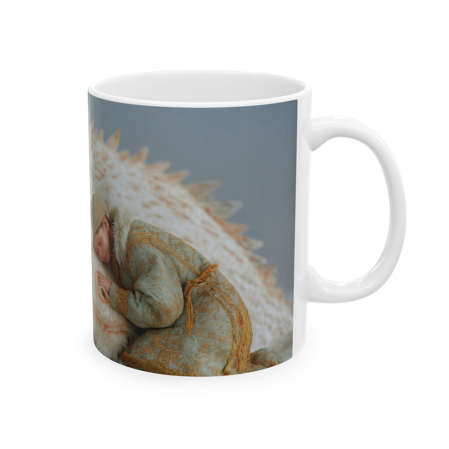 Child and White Dragon Ceramic Mug – Winter’s Gentle Guardian