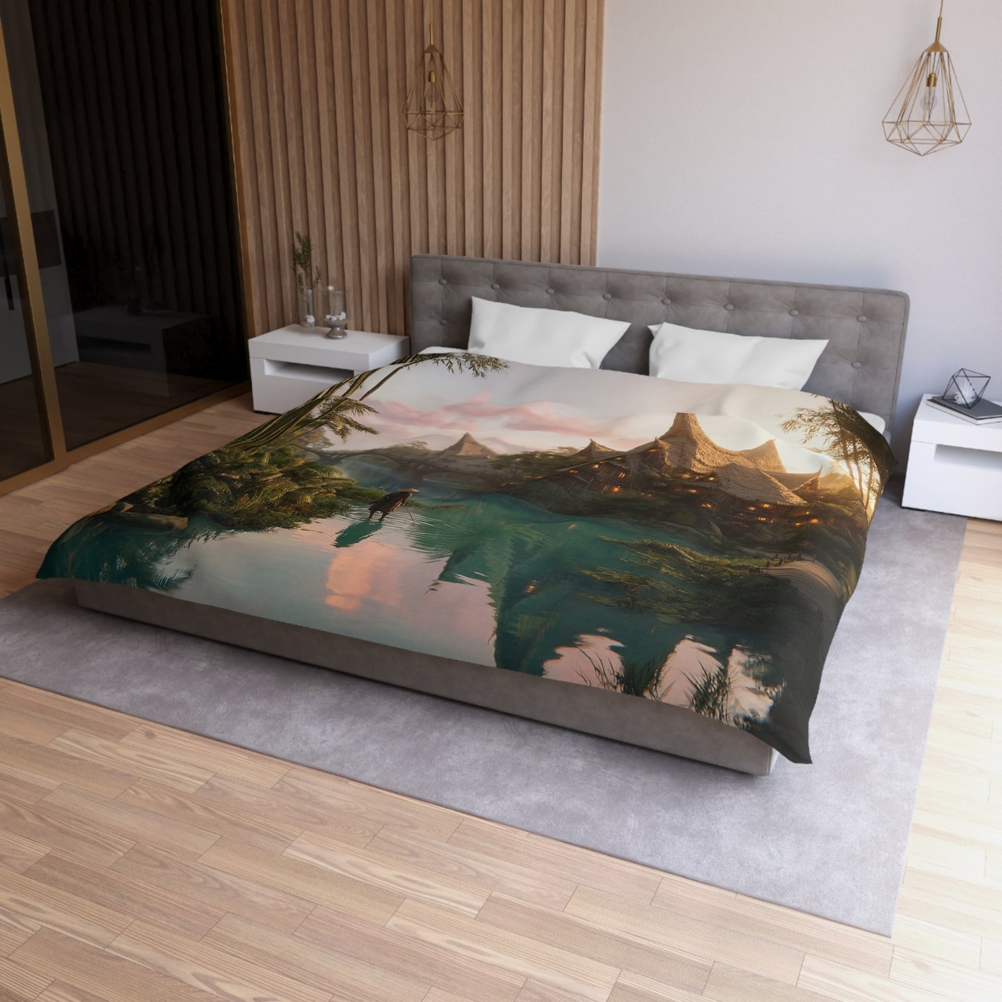 Bamboo River Village Duvet Cover – Golden Twilight Sanctuary