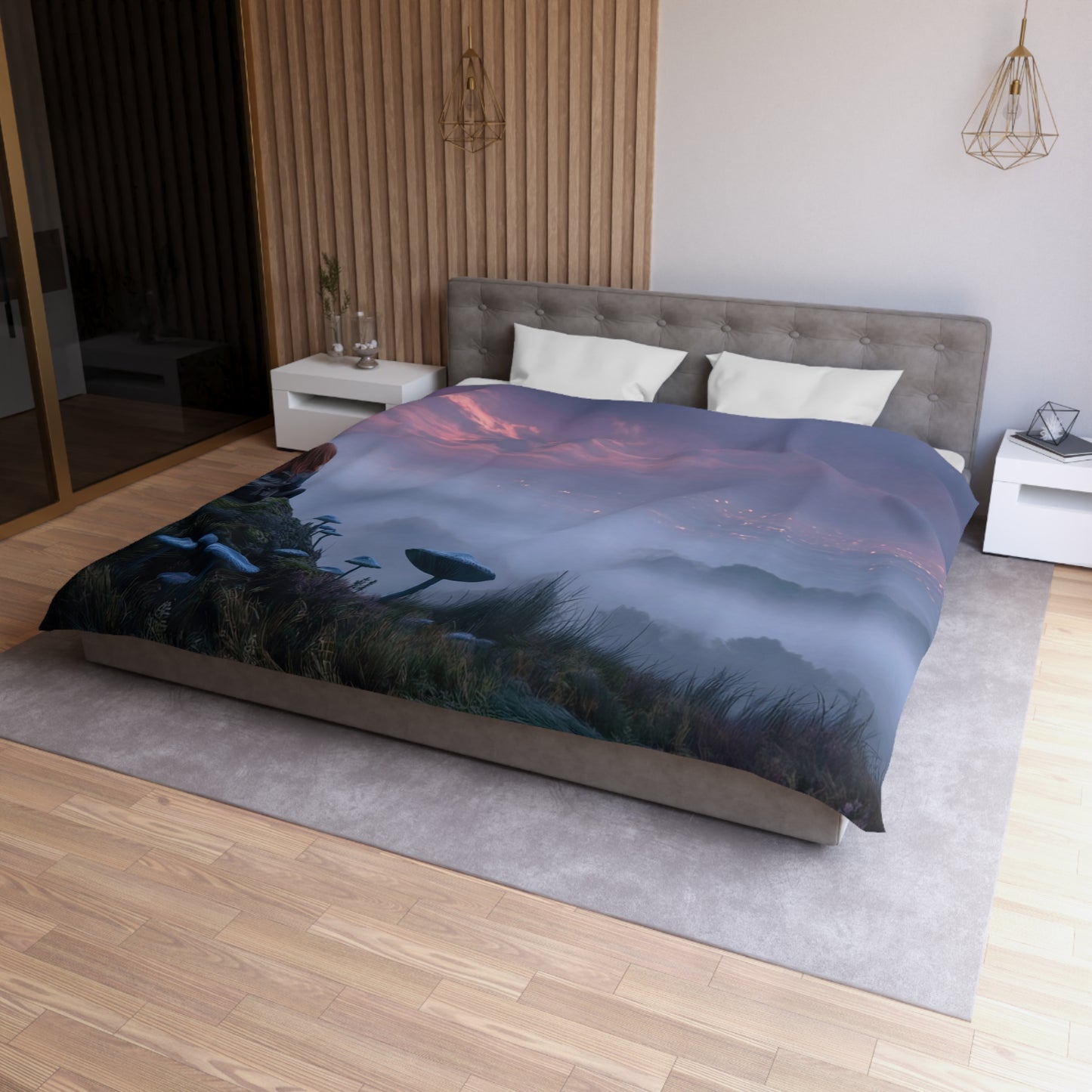 Moonlit Wanderer Microfiber Duvet Cover – Twilight Vista with Bioluminescent Fungi