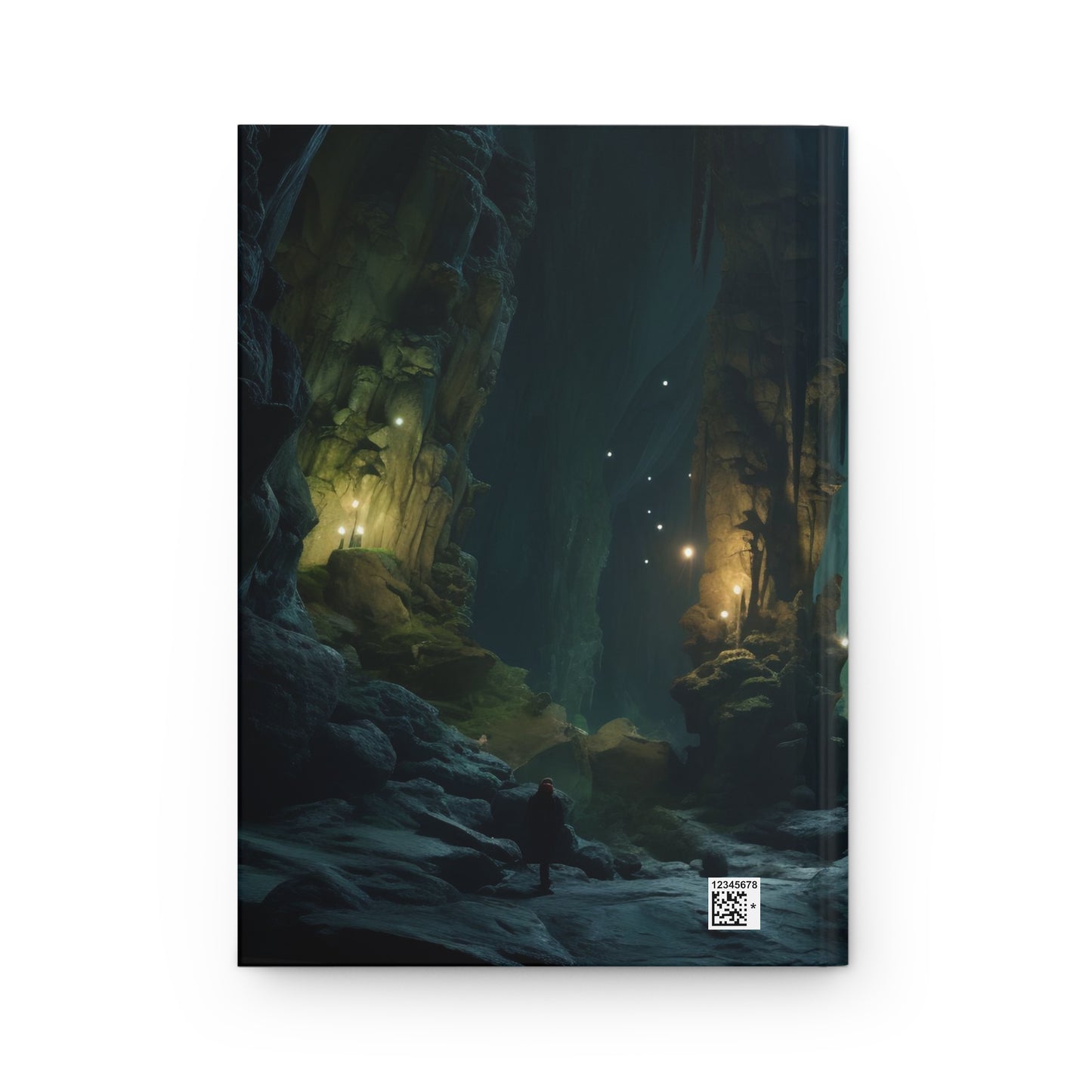 A deep cave interior, lit by a constellation of glow worms, casting an otherworldly light onto the rock formations, cave photography - Hardcover Journal Matte