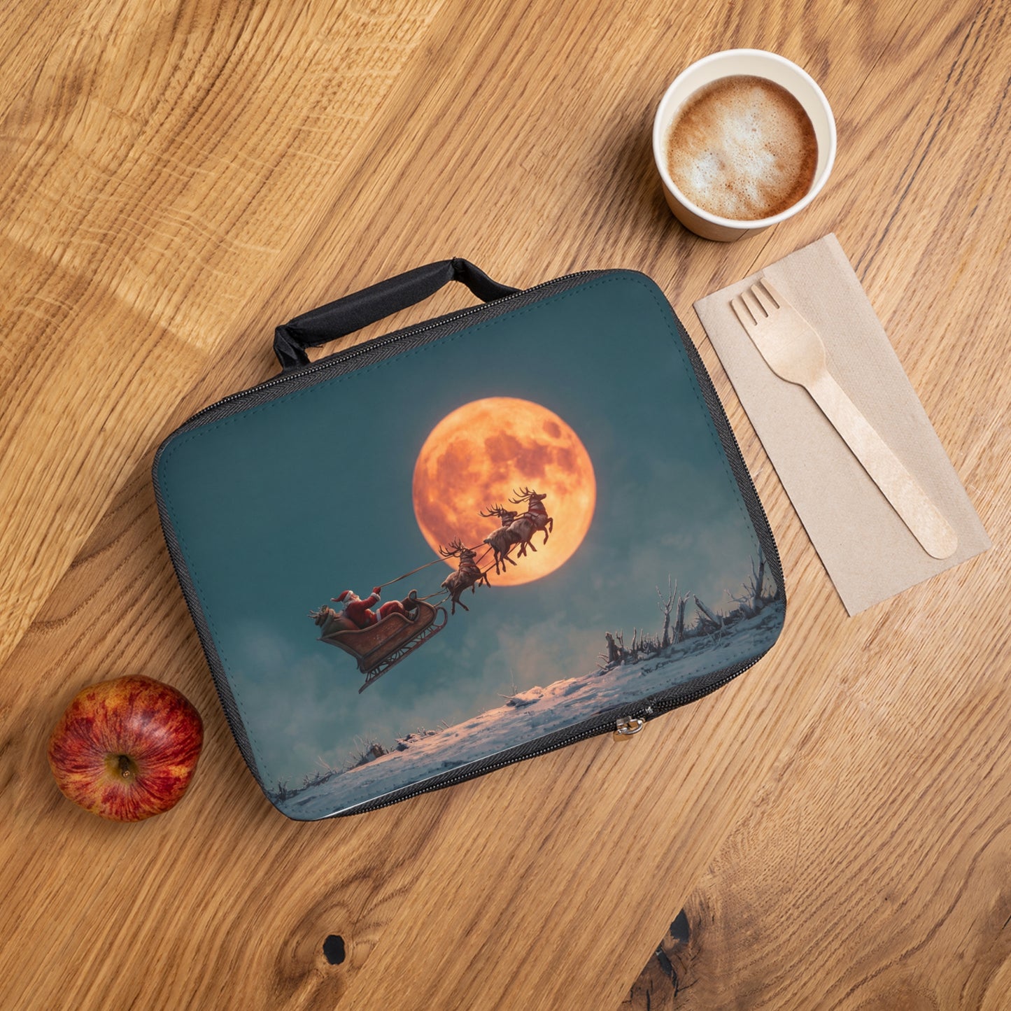 Santa’s Moonlit Sleigh Ride Lunch Bag – Crimson Reindeer Against Amber Sky