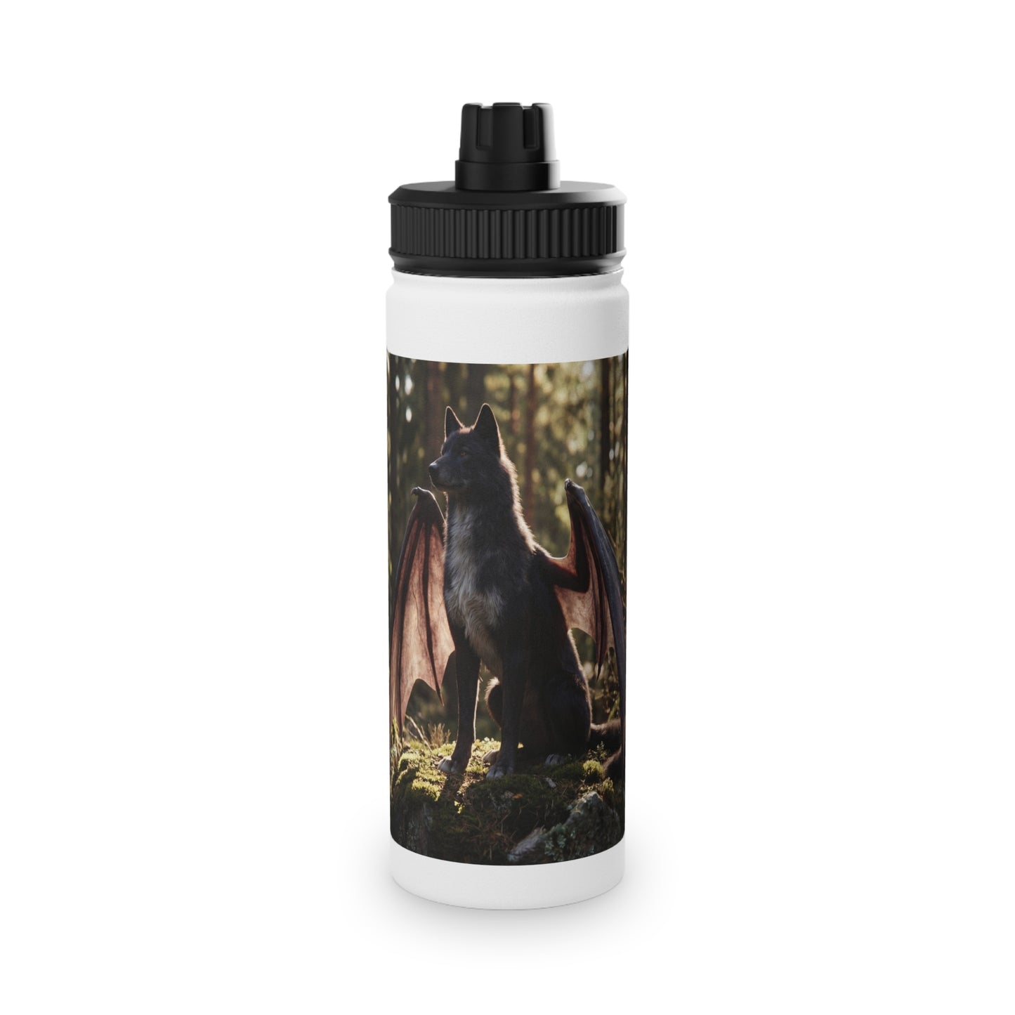 Dragon Wolf in the Sunlit Woods Stainless Steel Water Bottle, Sports Lid – Guardian of the Mossy Glade