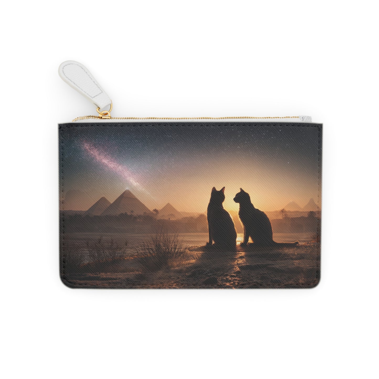 Starlit Pyramids Cat Mini Clutch Bag – Ancient Skywatchers in Golden Twilight