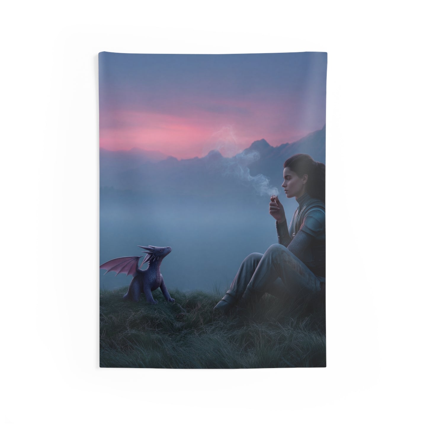 Warrior and Dragon at Dawn Wall Tapestry – Quiet Mountain Vigil