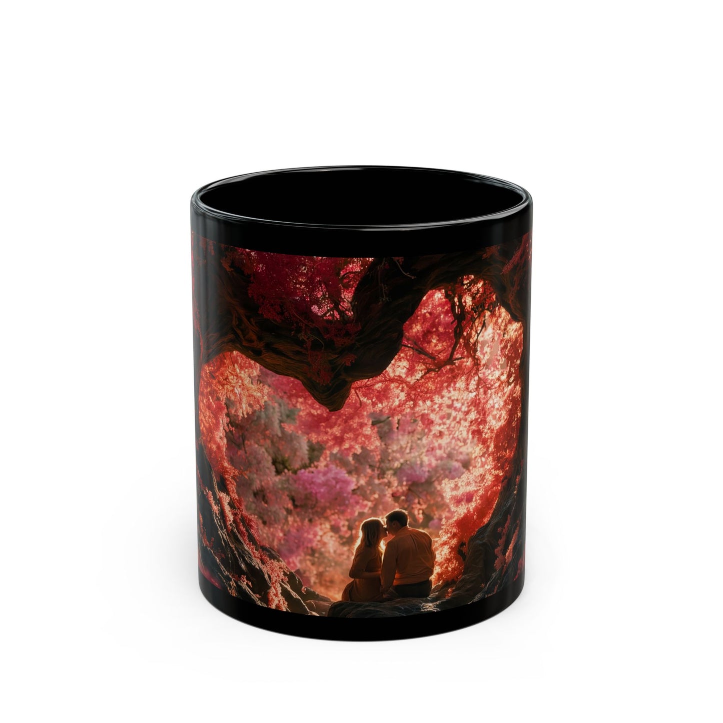 Crimson Canopy Couple Mug – Sunset Embrace in Fantasy Forest