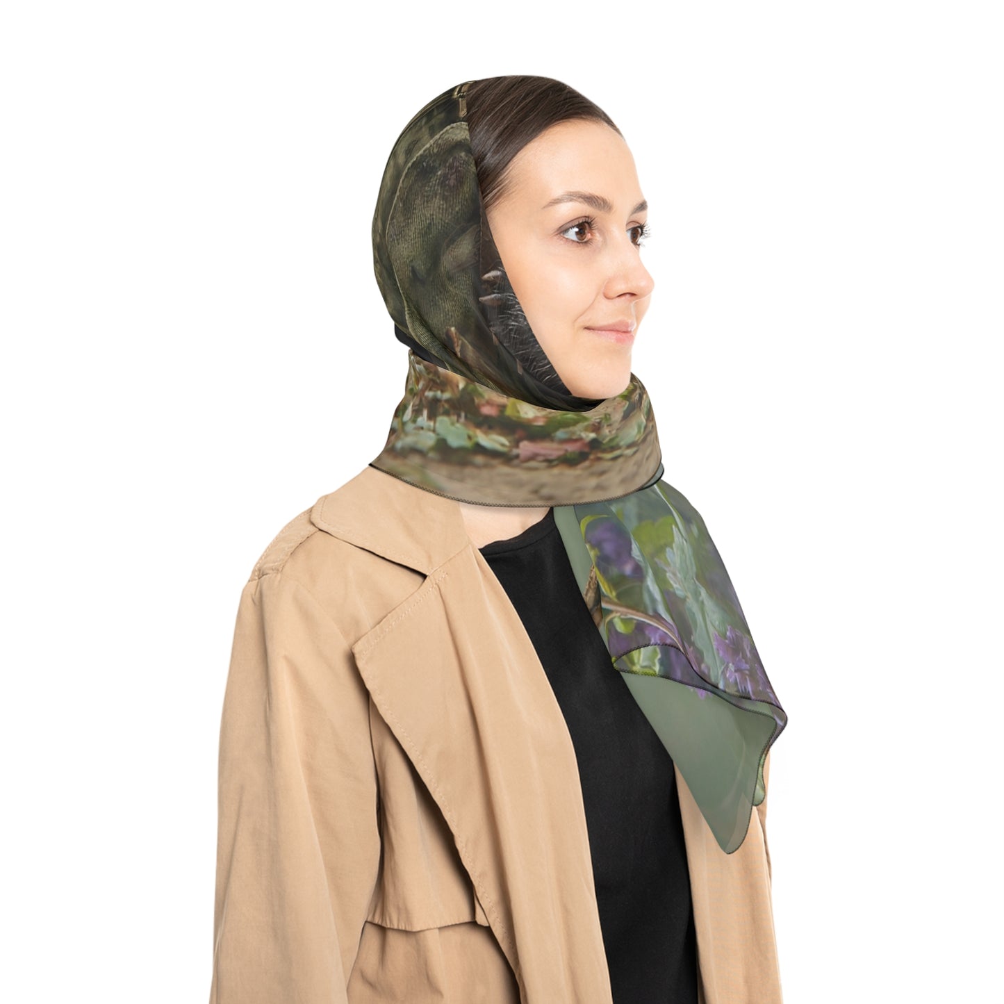 Badger Explorer Poly Scarf – Mossy Path Through Purple Wildflowers
