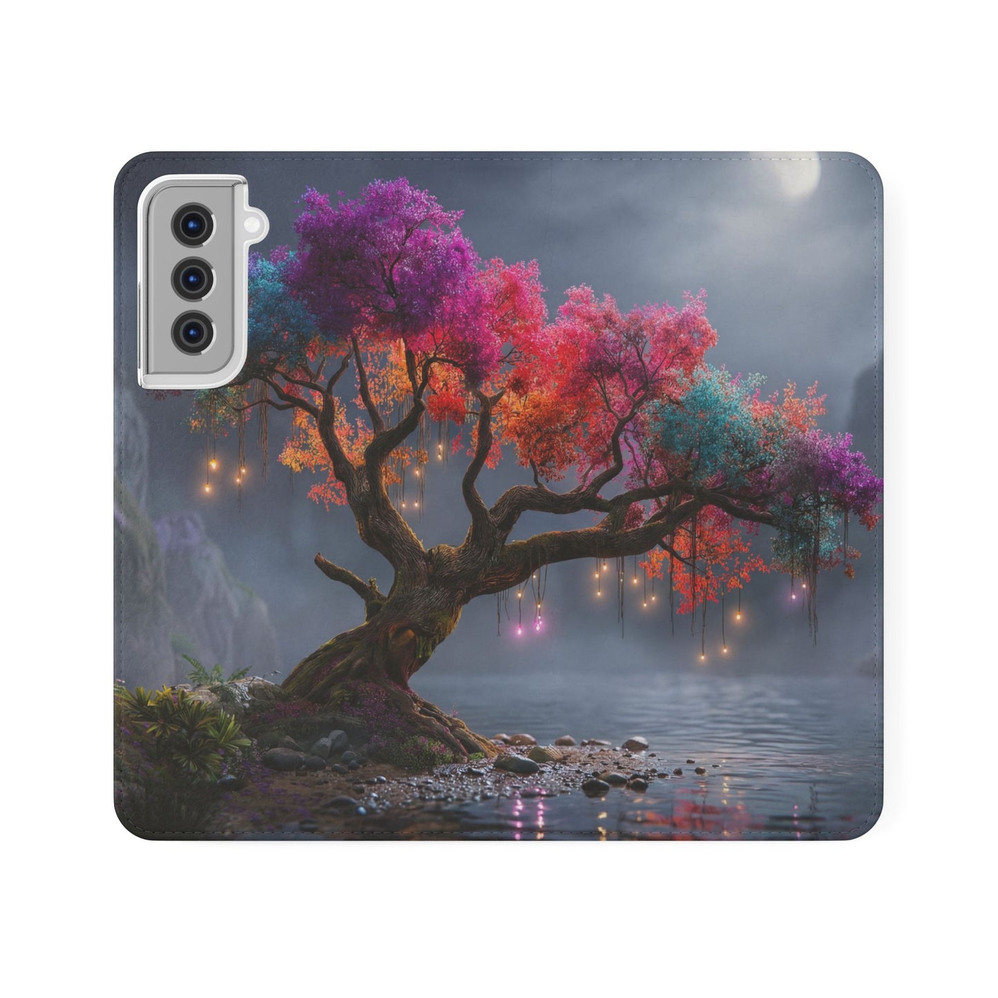 Chromatic Canopy Flip Cases – Rainbow Tree Moonlit Waterfall Scene
