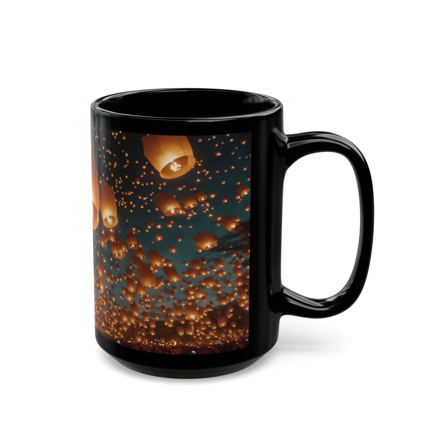 Sky Lantern Festival Black Mug – Warm Glow of Shared Wishes